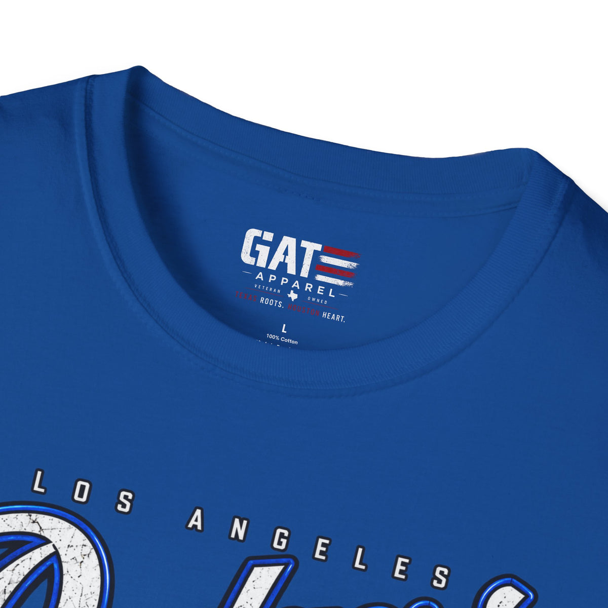 royal blue Kobe Bryant Black Mamba Dodgers LA tribute T-shirt, neckline and GAT label close-up
