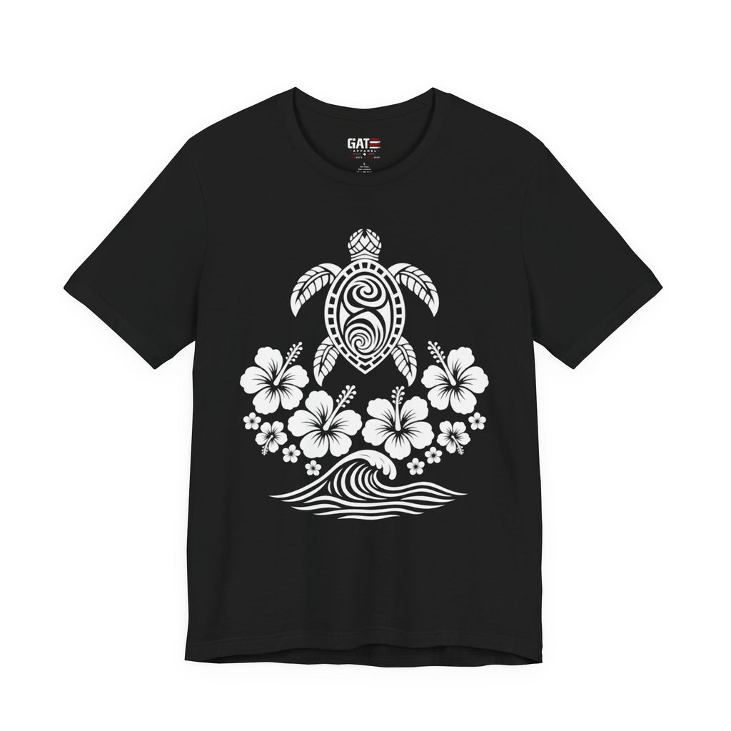 Turtle Hibiscus Surf T‑Shirt — Hawaiian Floral Tribal Sea Turtle Tee