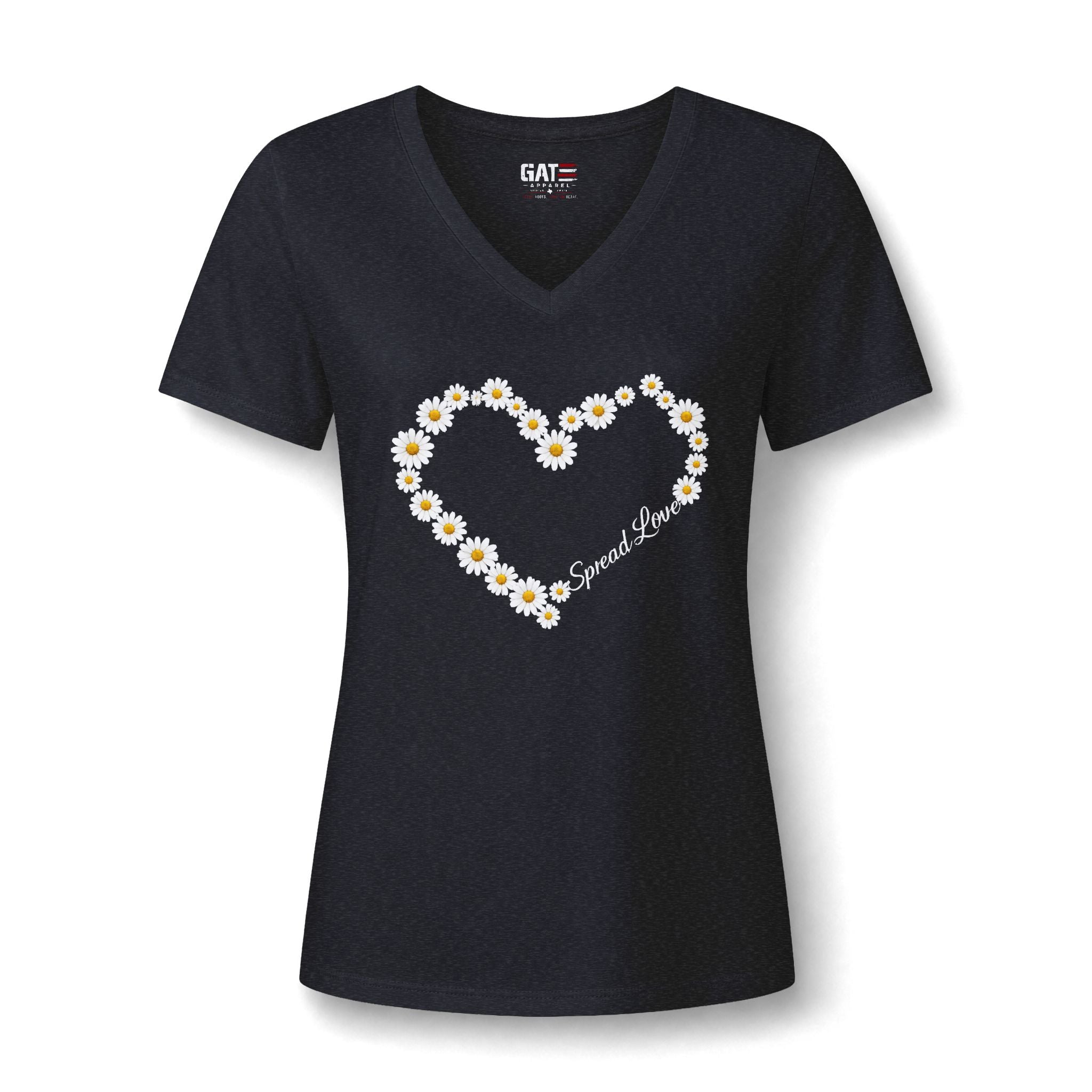 Women's Daisy Heart V-Neck Tee — 'Spread Love' Floral Graphic