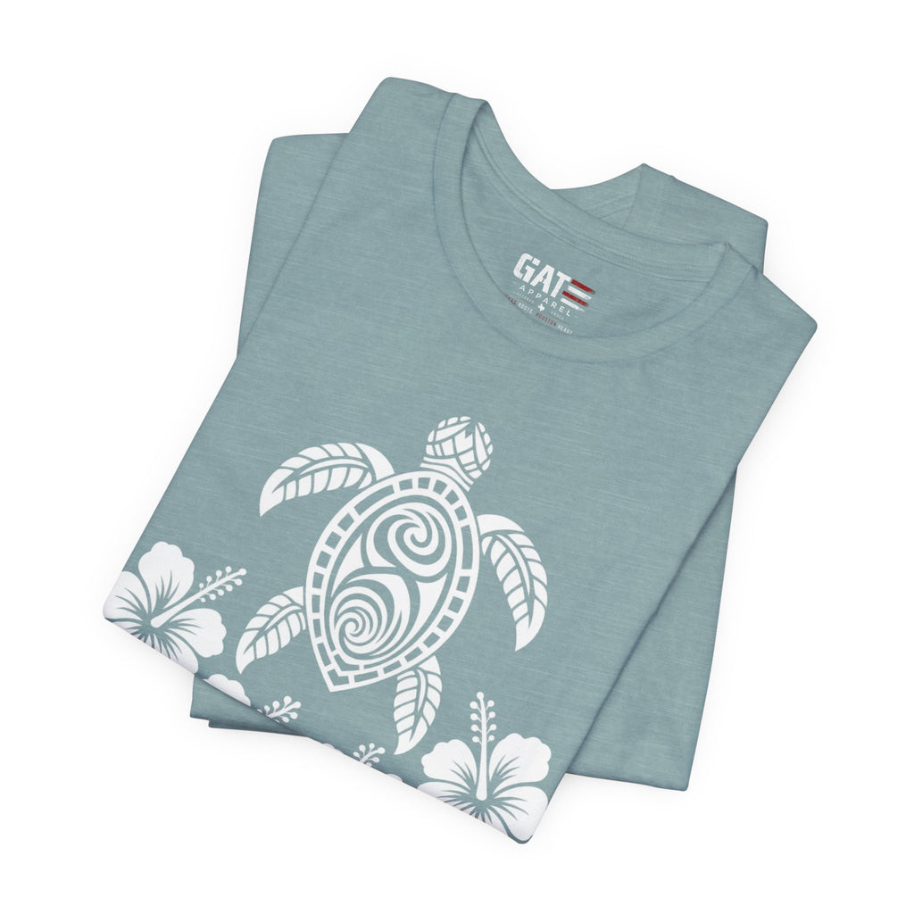Turtle Hibiscus Surf T‑Shirt — Hawaiian Floral Tribal Sea Turtle Tee