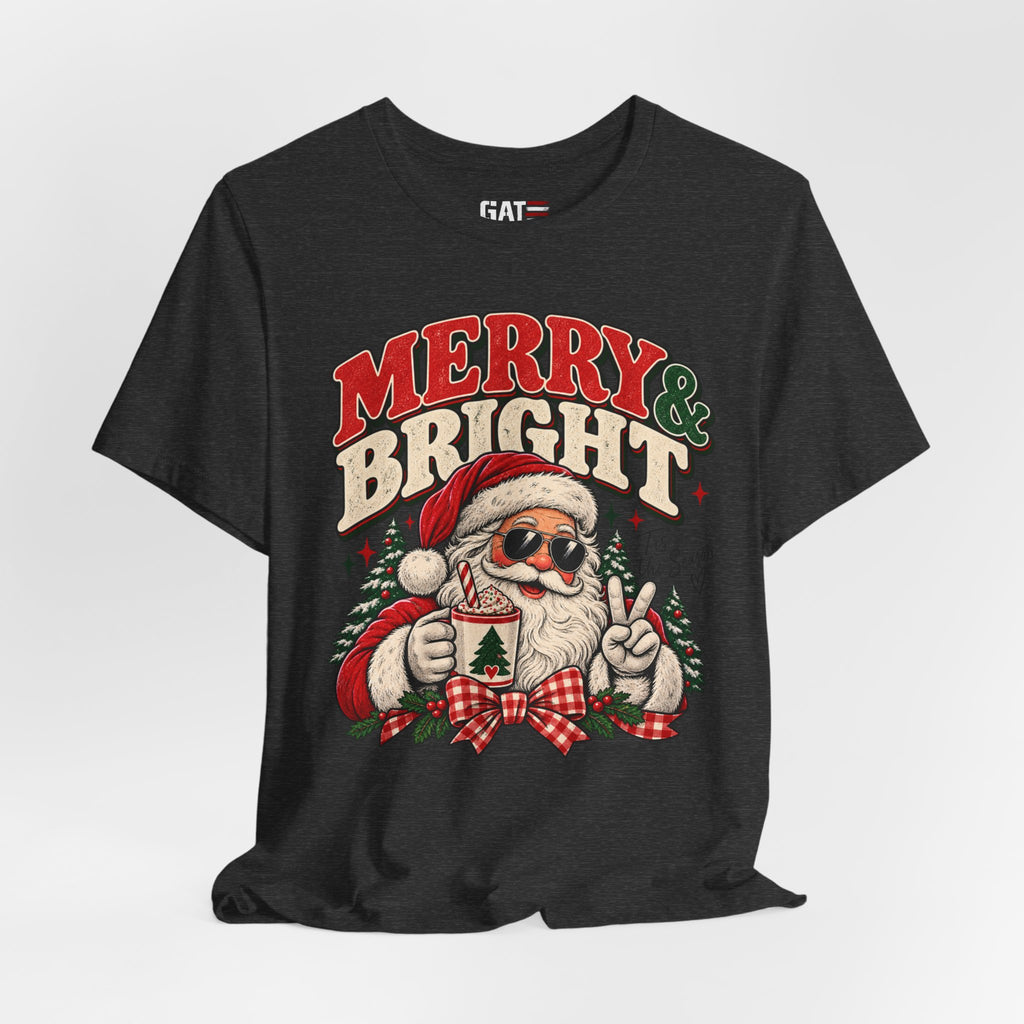 Merry & Bright Santa Tee – Retro Christmas Short Sleeve Shirt