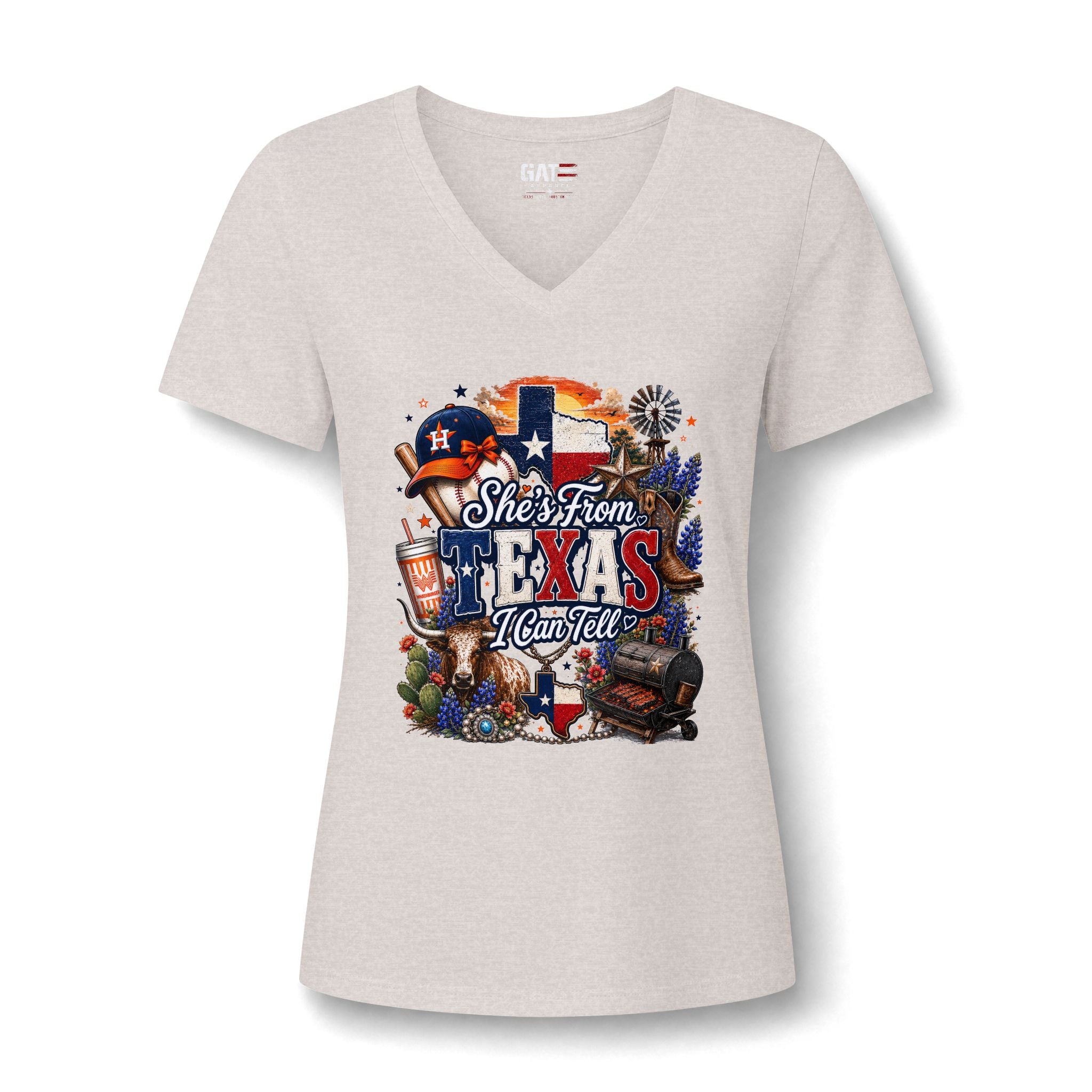 Texas Pride V-Neck Tee — "She's From Texas I Can Tell" Women's Relaxed Shirt