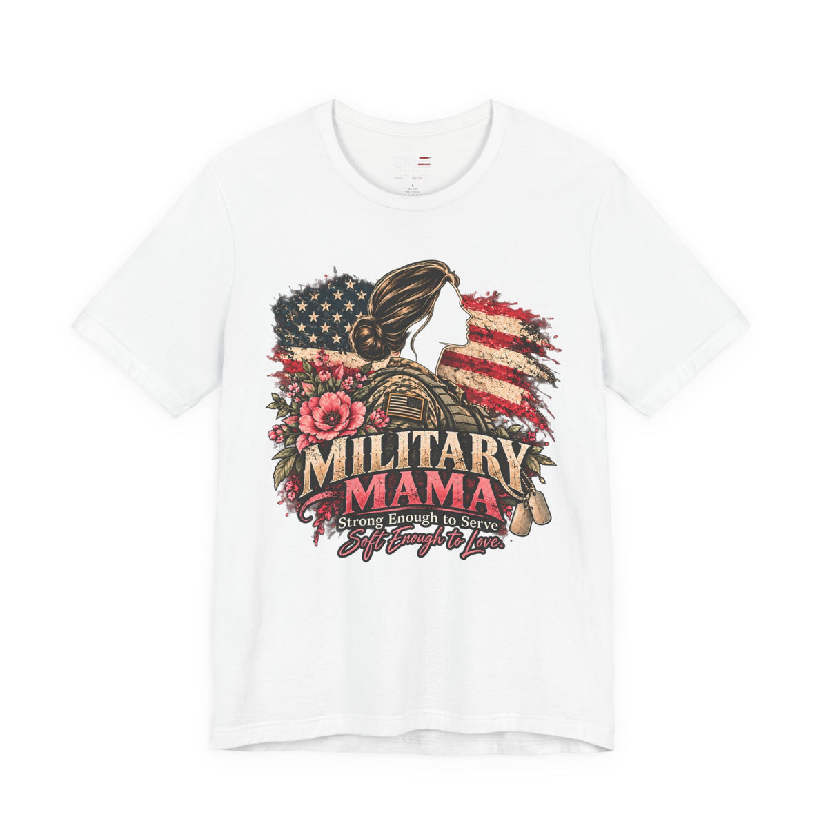 Military Mama Tee — Patriotic Mom Shirt with American Flag & Floral Combat Design