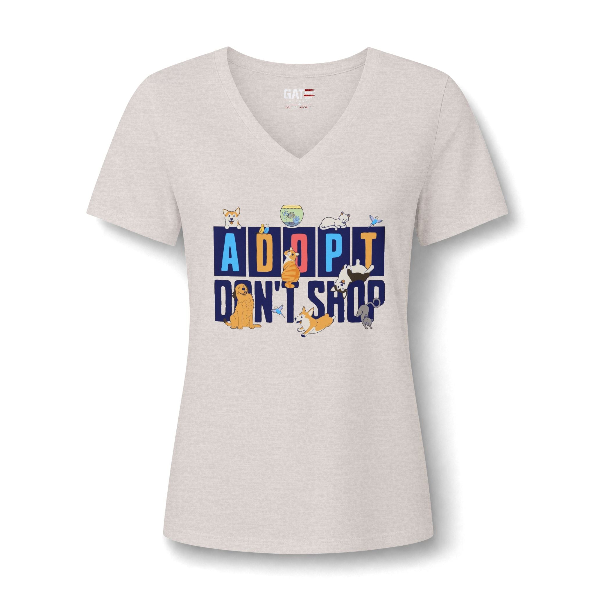 Adopt Don’t Shop V-Neck Tee — Women’s Rescue Pet Adoption Shirt
