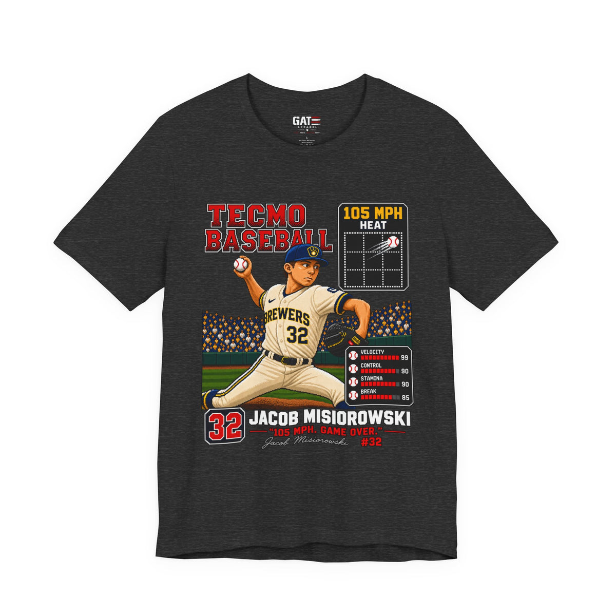 Milwaukee Brewers – Jacob Misiorowski – Tecmo Baseball Pitcher Graphic Tee — #32 Vintage Video Game Style