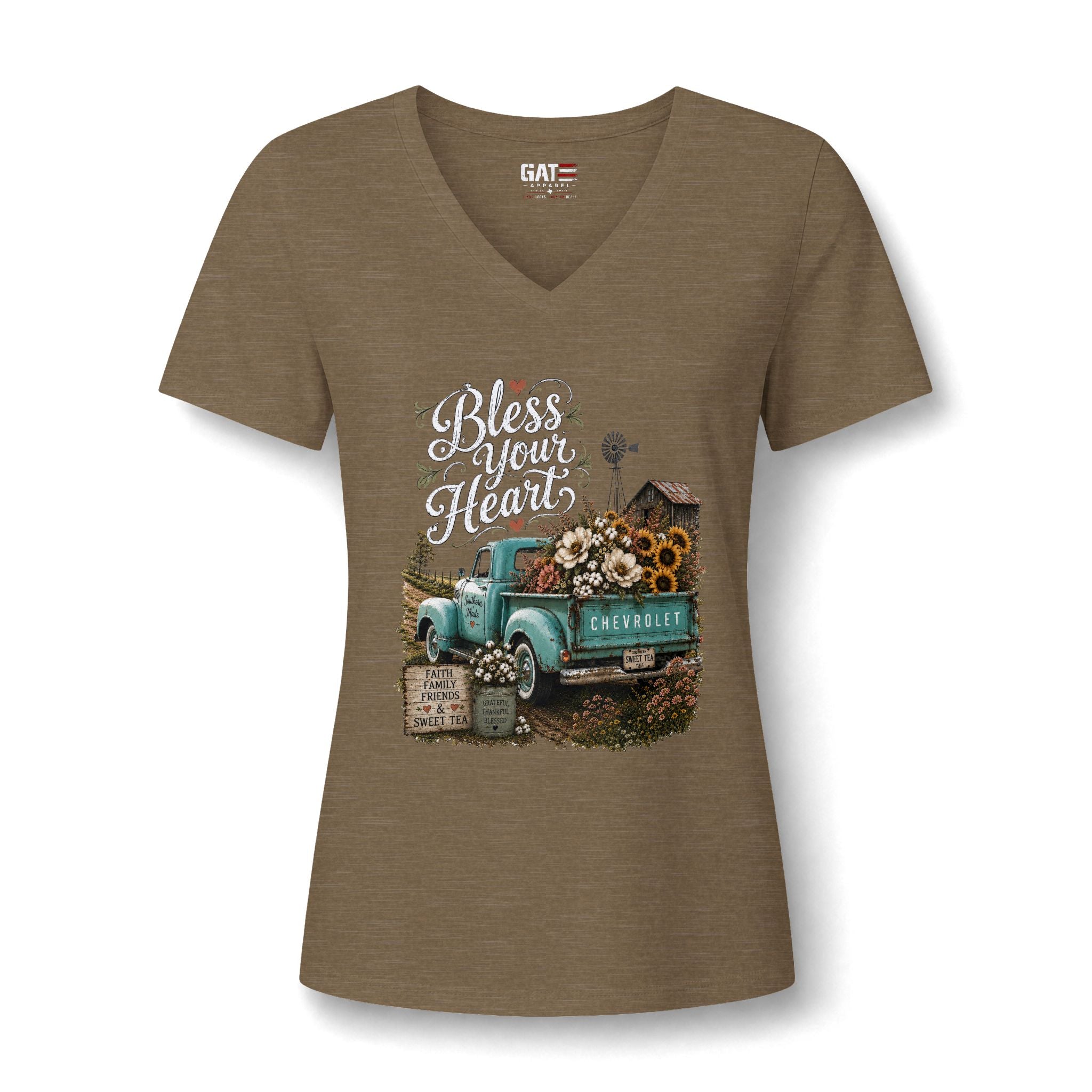 Vintage Blue Truck Sunflower V-Neck Tee — Farmhouse Floral Women's Shirt