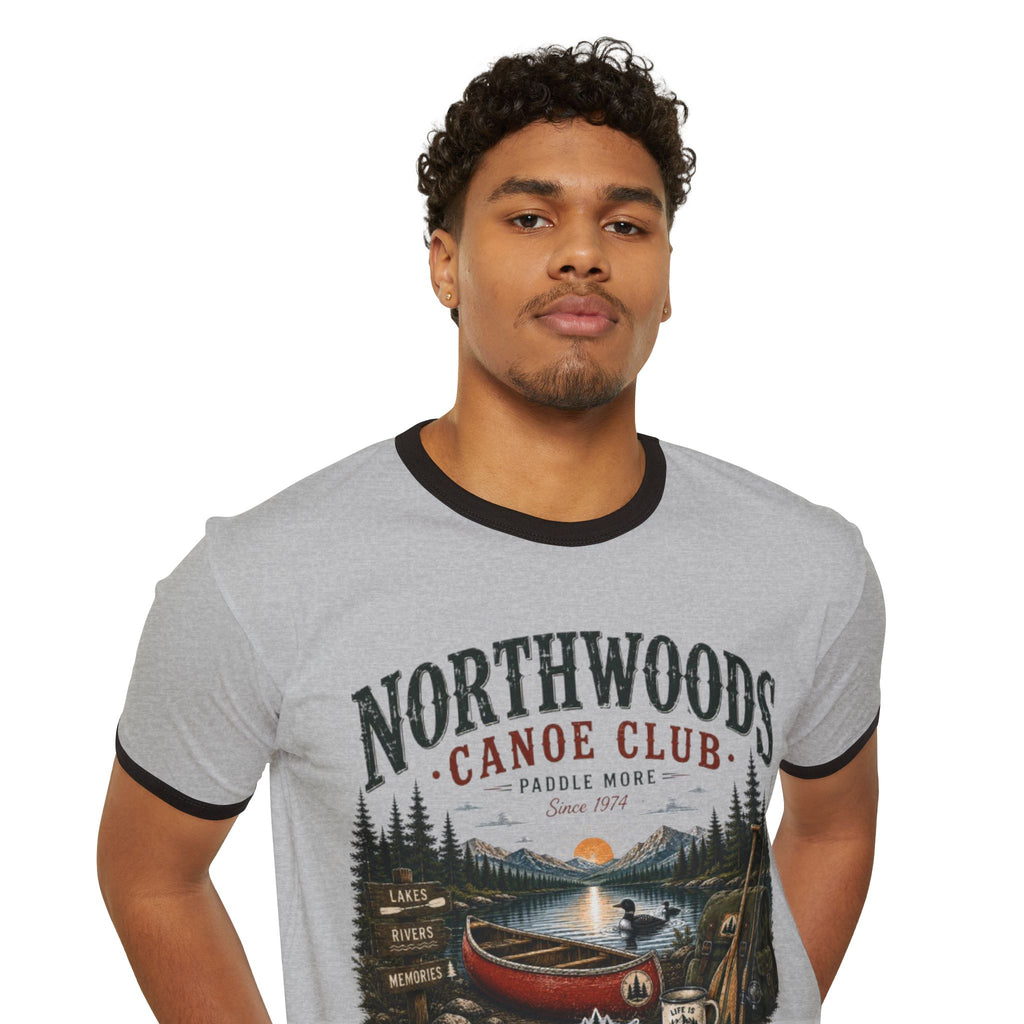 Northwoods Canoe Club Ringer T-Shirt — Vintage Camping Lake Graphic