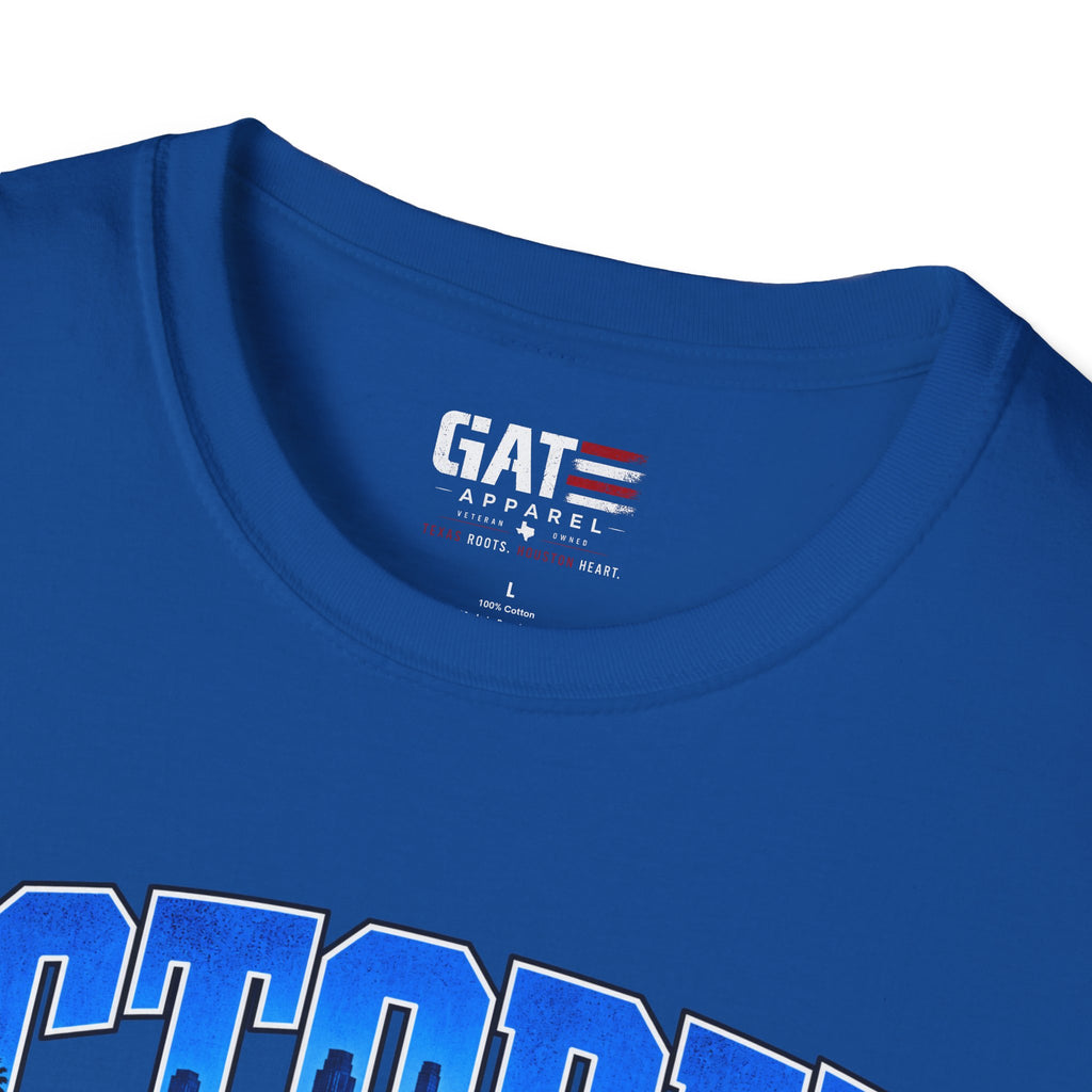 royal blue October in LA baseball graphic T-shirt, neckline and GAT label close-up