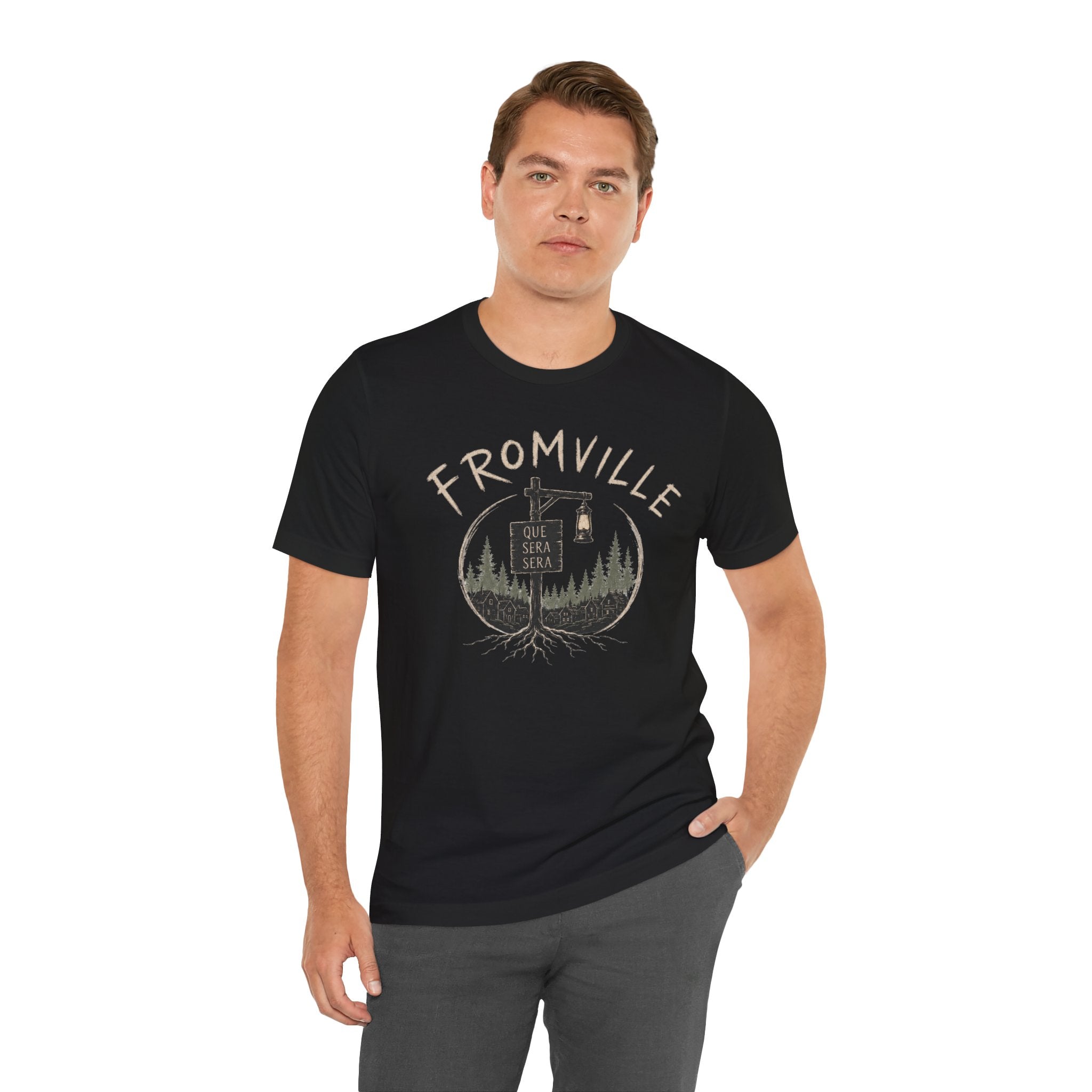 Fromville T‑Shirt — Vintage ‘Que Sera Squad’ Forest Roots Graphic Tee