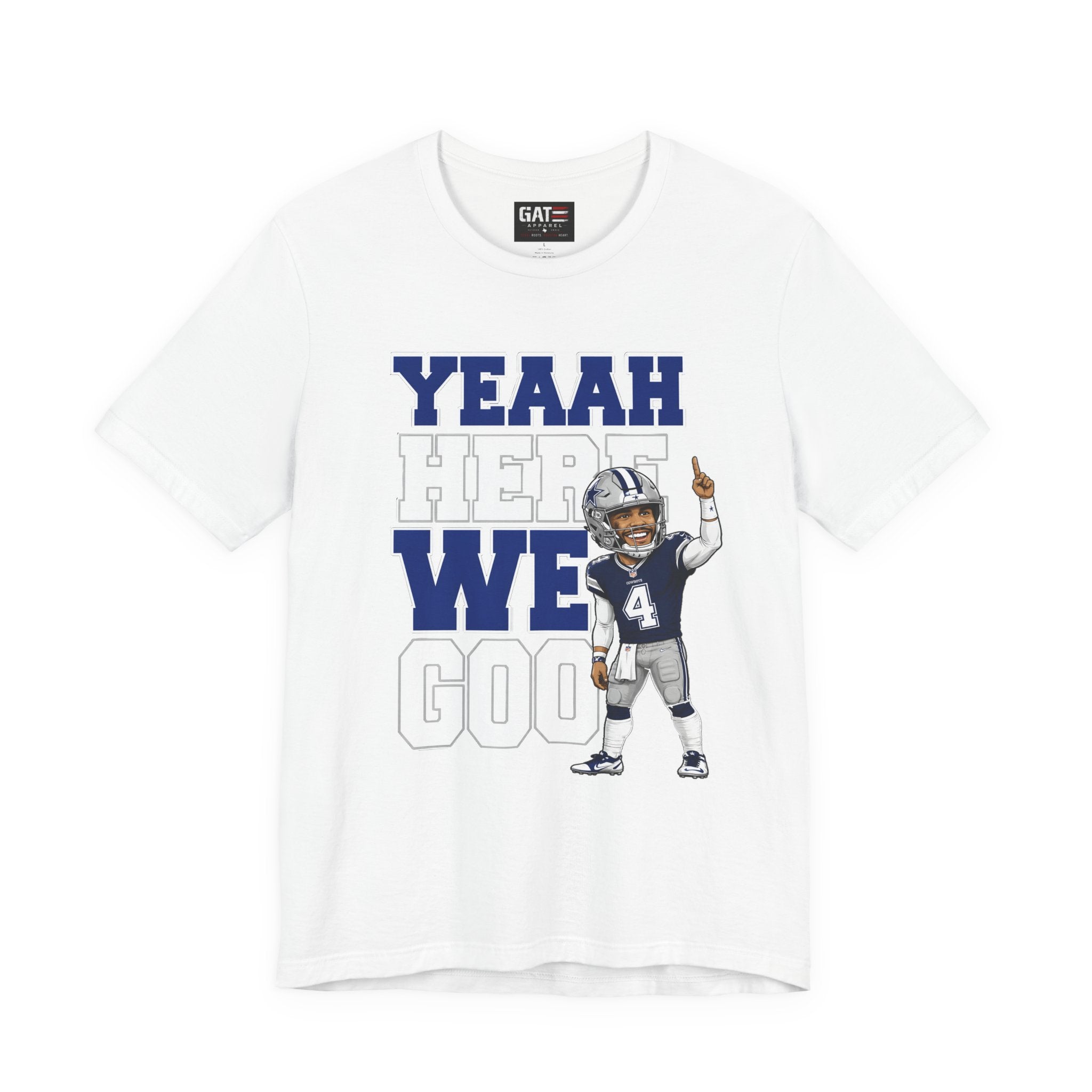 Dak Prescott Dallas Football Team Yeah Here We Goo Shirt, Football Fan Tee, Quarterback Caricature Graphic Shirt, Funny Game Day Apparel