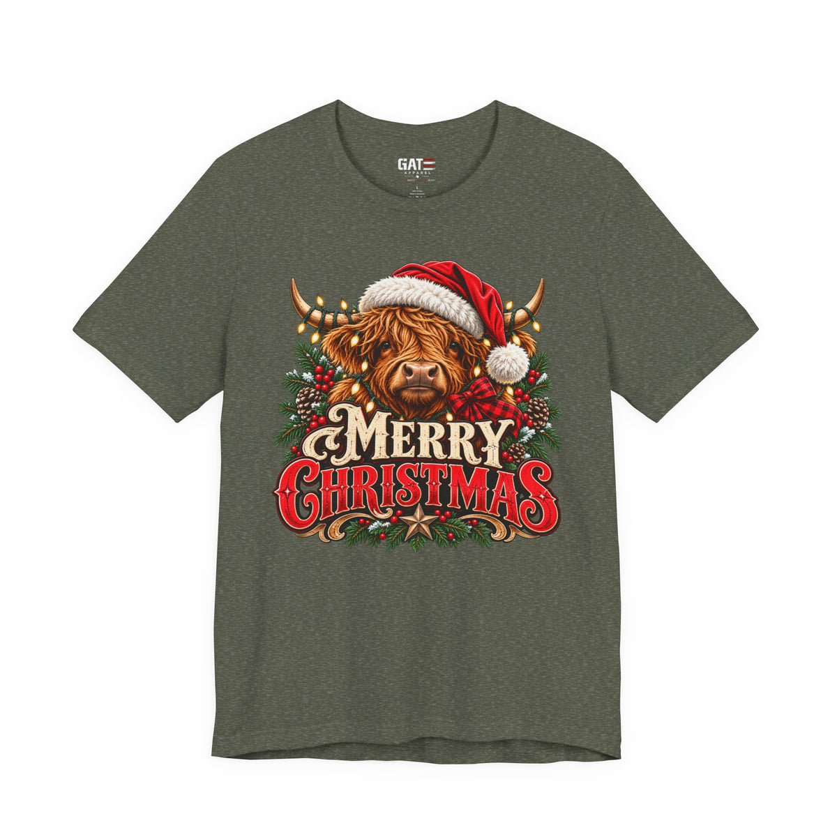 Highland cow Santa hat Merry Christmas graphic T-shirt, olive green front view