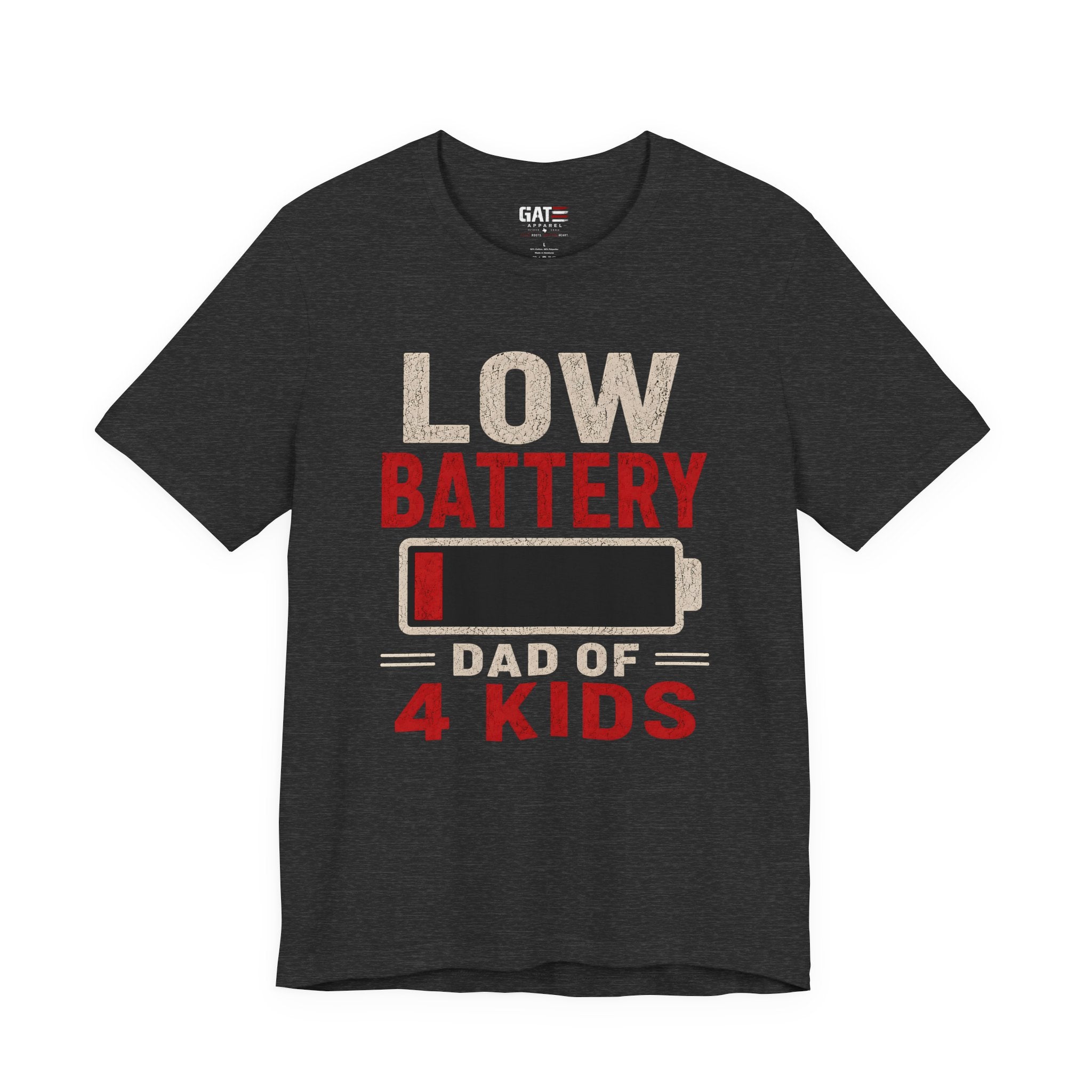 Low Battery Dad of 4 Kids Shirt, Funny Tired Dad Tee, Father of Four Gift, Parenting Humor Shirt, Exhausted Dad Graphic Tee