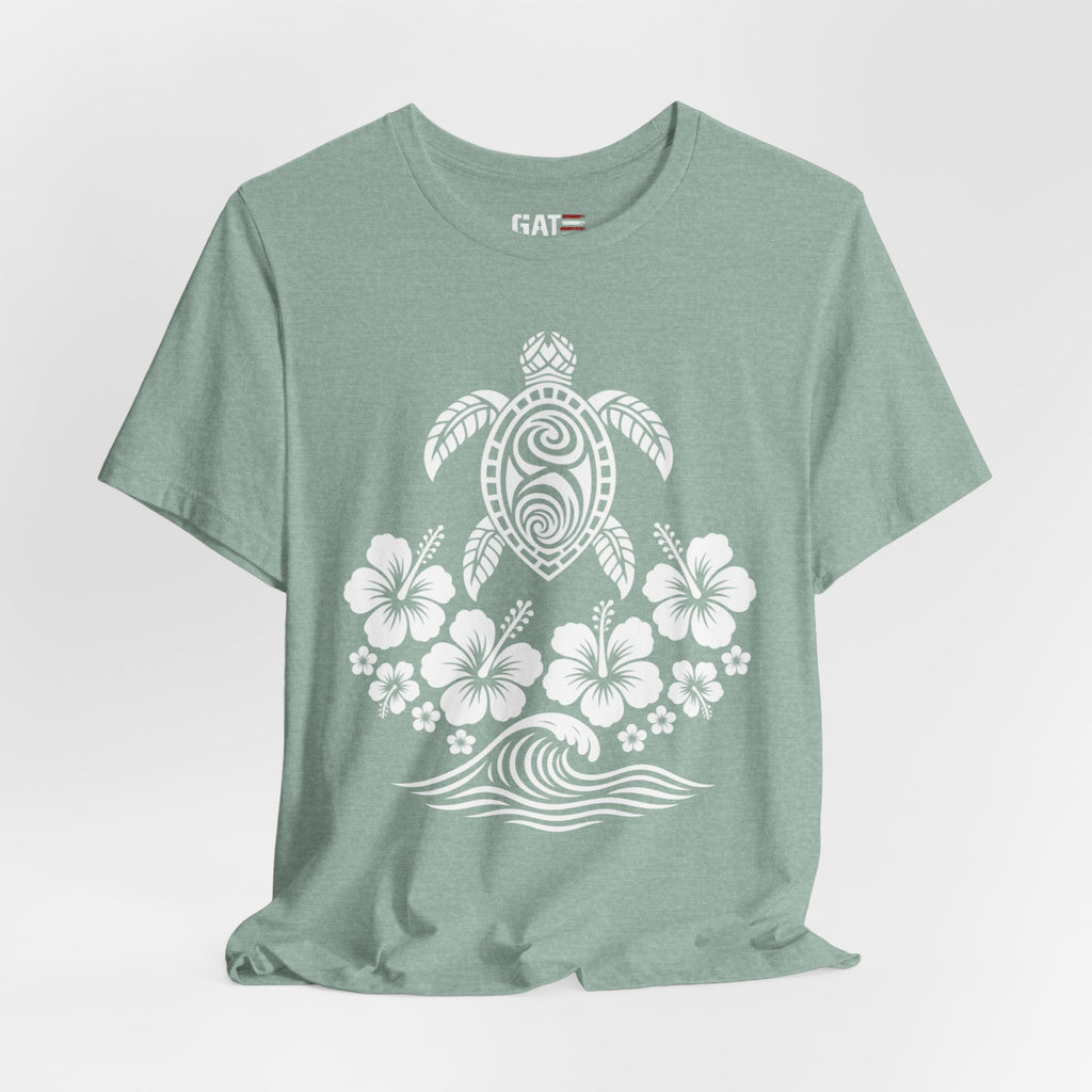 Turtle Hibiscus Surf T‑Shirt — Hawaiian Floral Tribal Sea Turtle Tee