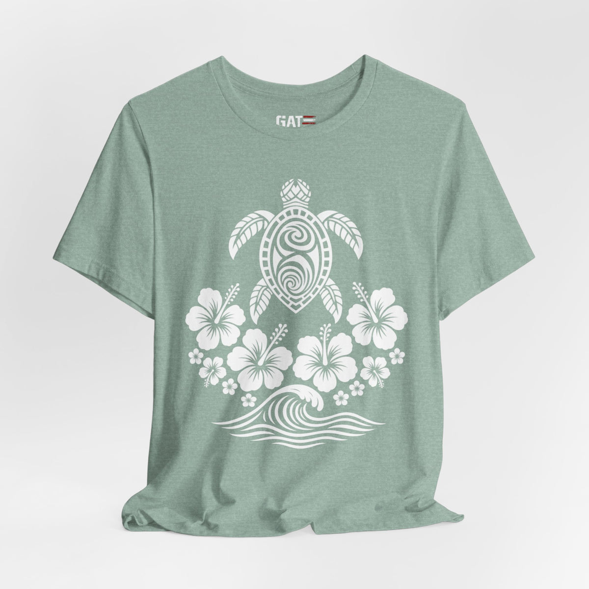 Turtle Hibiscus Surf T‑Shirt — Hawaiian Floral Tribal Sea Turtle Tee