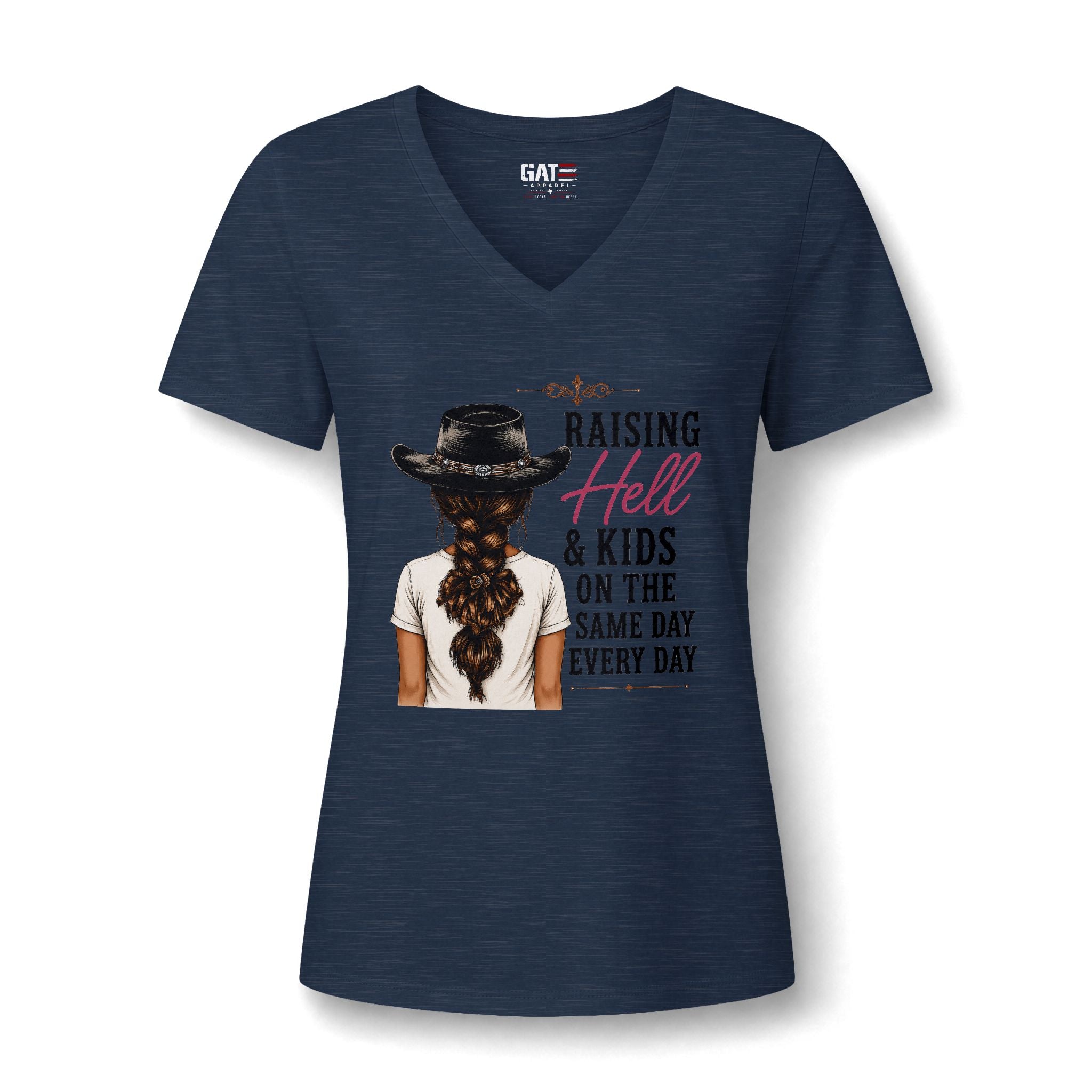 Women’s V-Neck Tee — “Raising Hell & Kids on the Same Day Every Day” Graphic