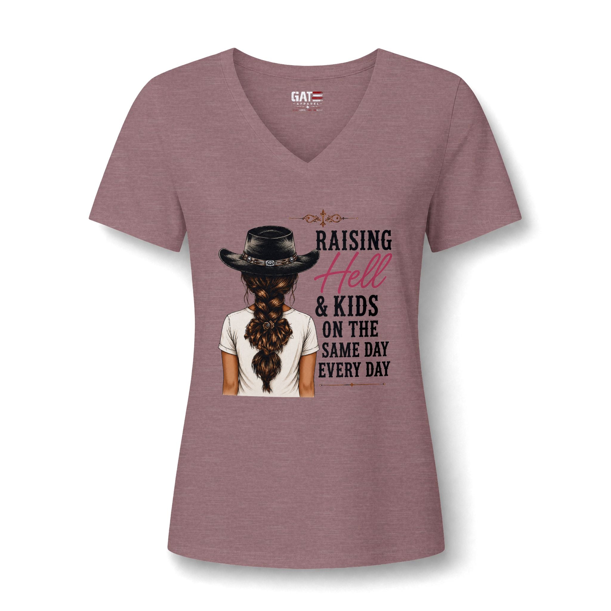 Women’s V-Neck Tee — “Raising Hell & Kids on the Same Day Every Day” Graphic