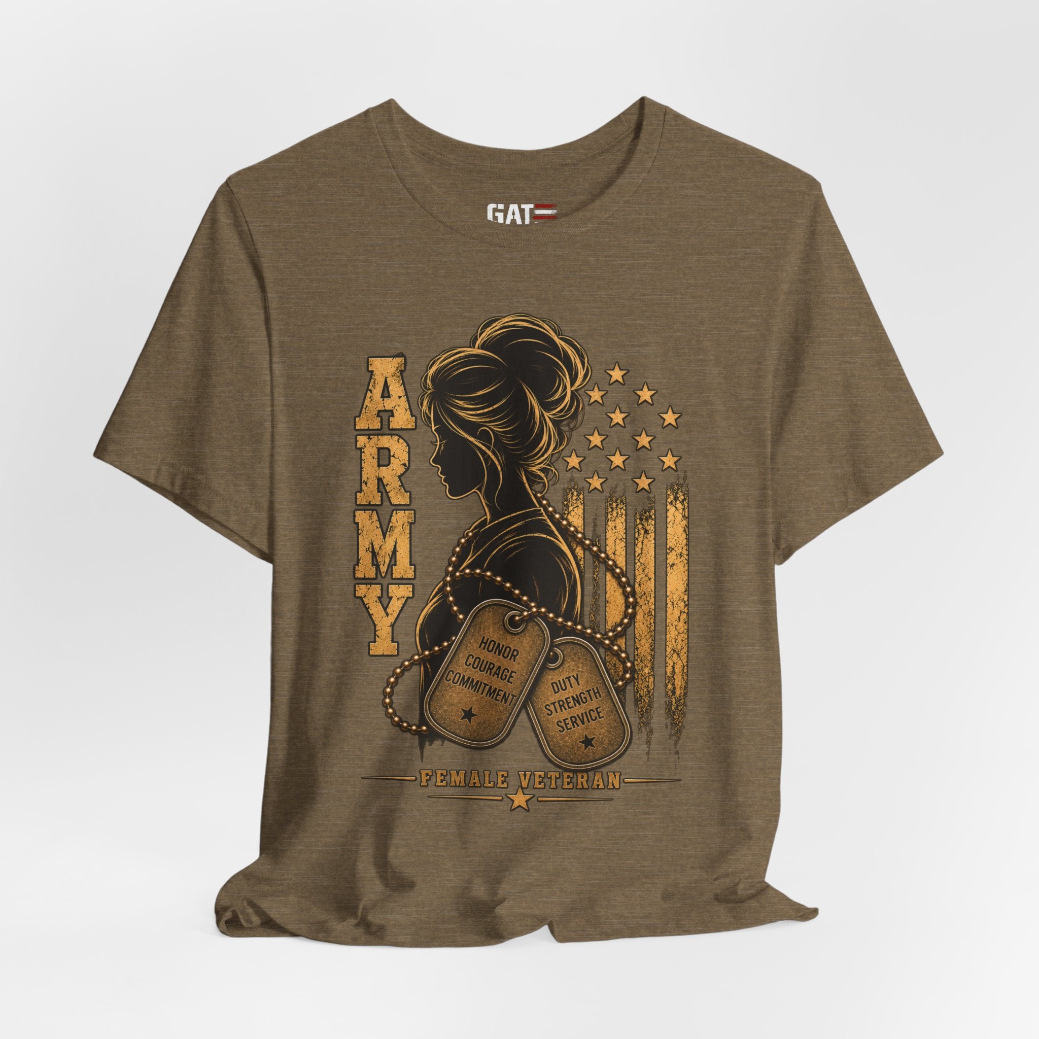 Female Army Vet Tee – Proud Military Mom Shirt with Dog Tags & American Flag
