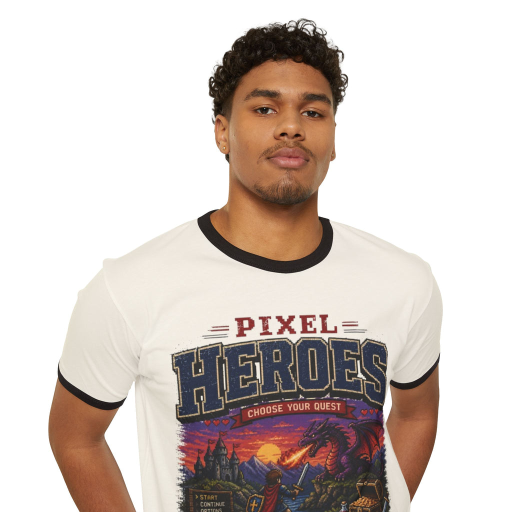 Pixel Heroes Ringer T-Shirt — Retro Video Game Level-Up Graphic Tee