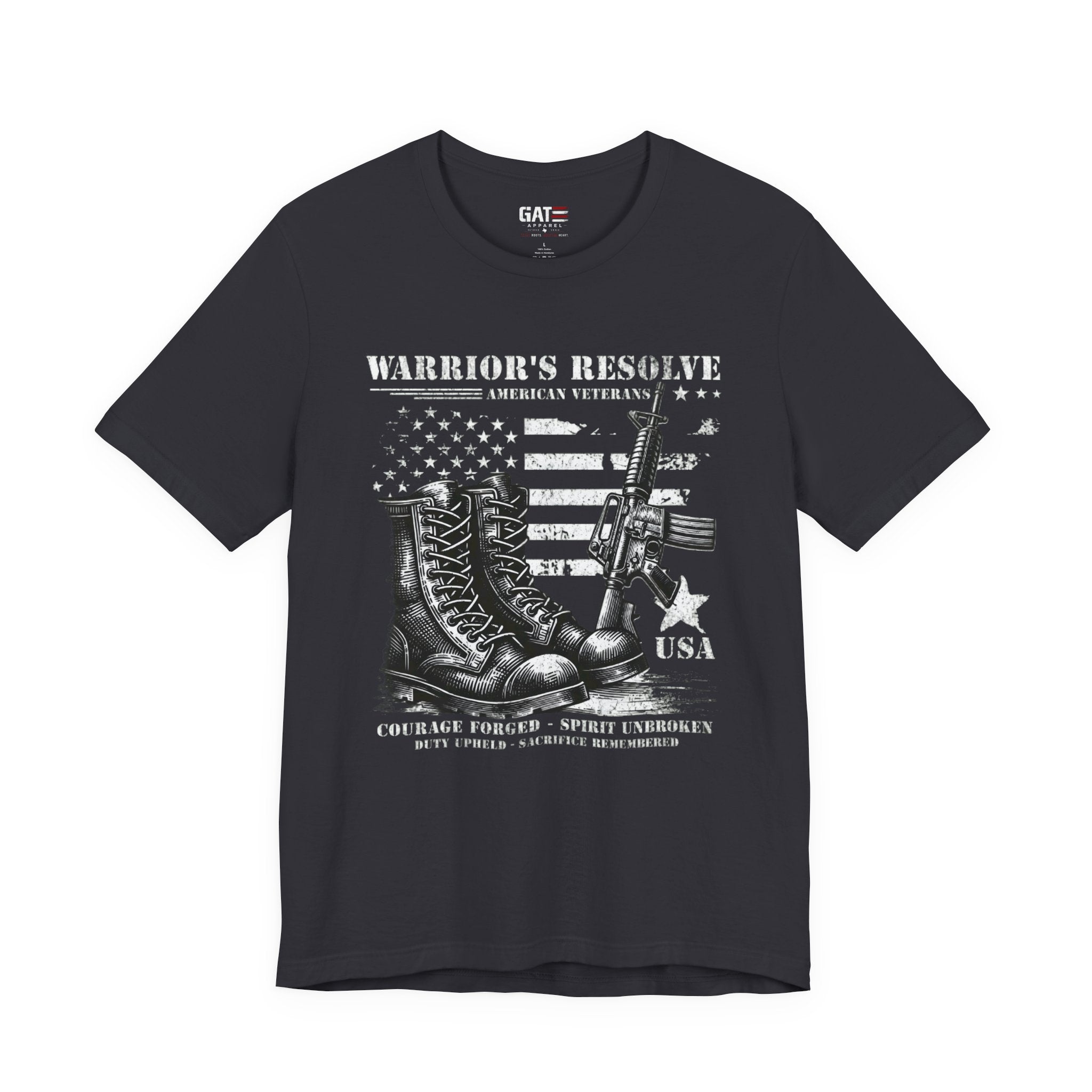 Warrior's Resolve Boots & Flag graphic Tee | Veteran USA Military Shirt