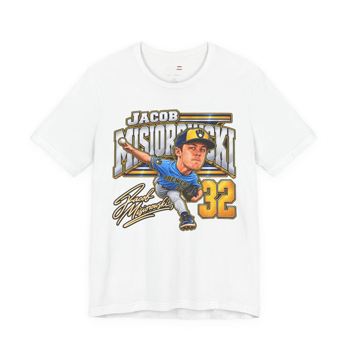 Jacob Misiorowski number 32 Brewers baseball graphic T-shirt, white front view
