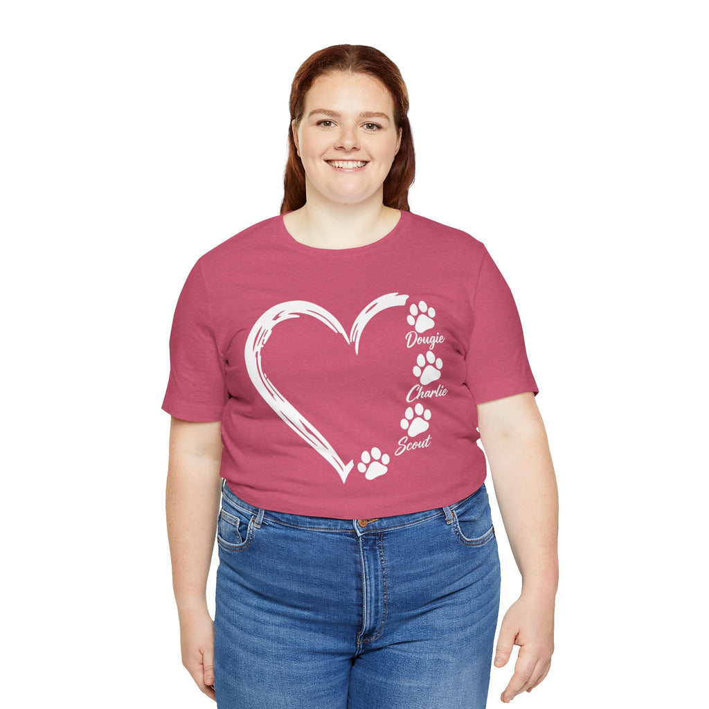Pet Paw Heart T‑Shirt — Personalized Names (e.g., Dougie, Charlie, Scout)