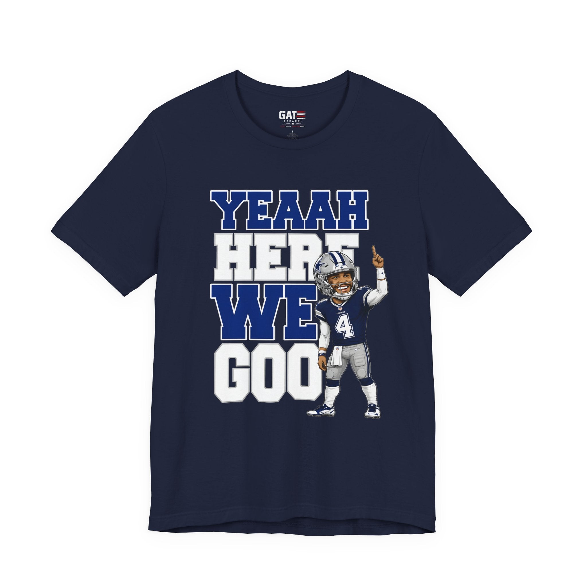 Dak Prescott Dallas Football Team Yeah Here We Goo Shirt, Football Fan Tee, Quarterback Caricature Graphic Shirt, Funny Game Day Apparel