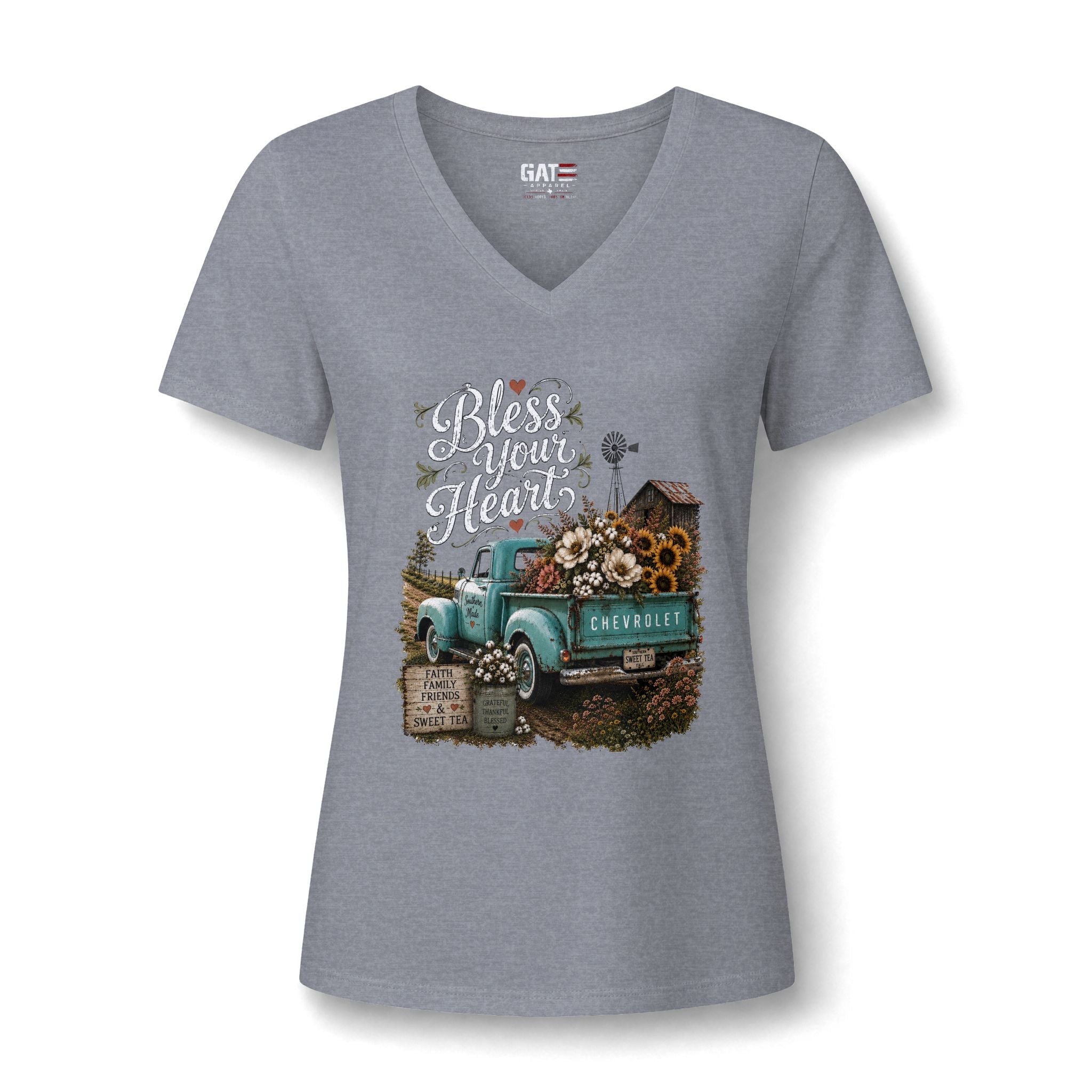 Vintage Blue Truck Sunflower V-Neck Tee — Farmhouse Floral Women's Shirt