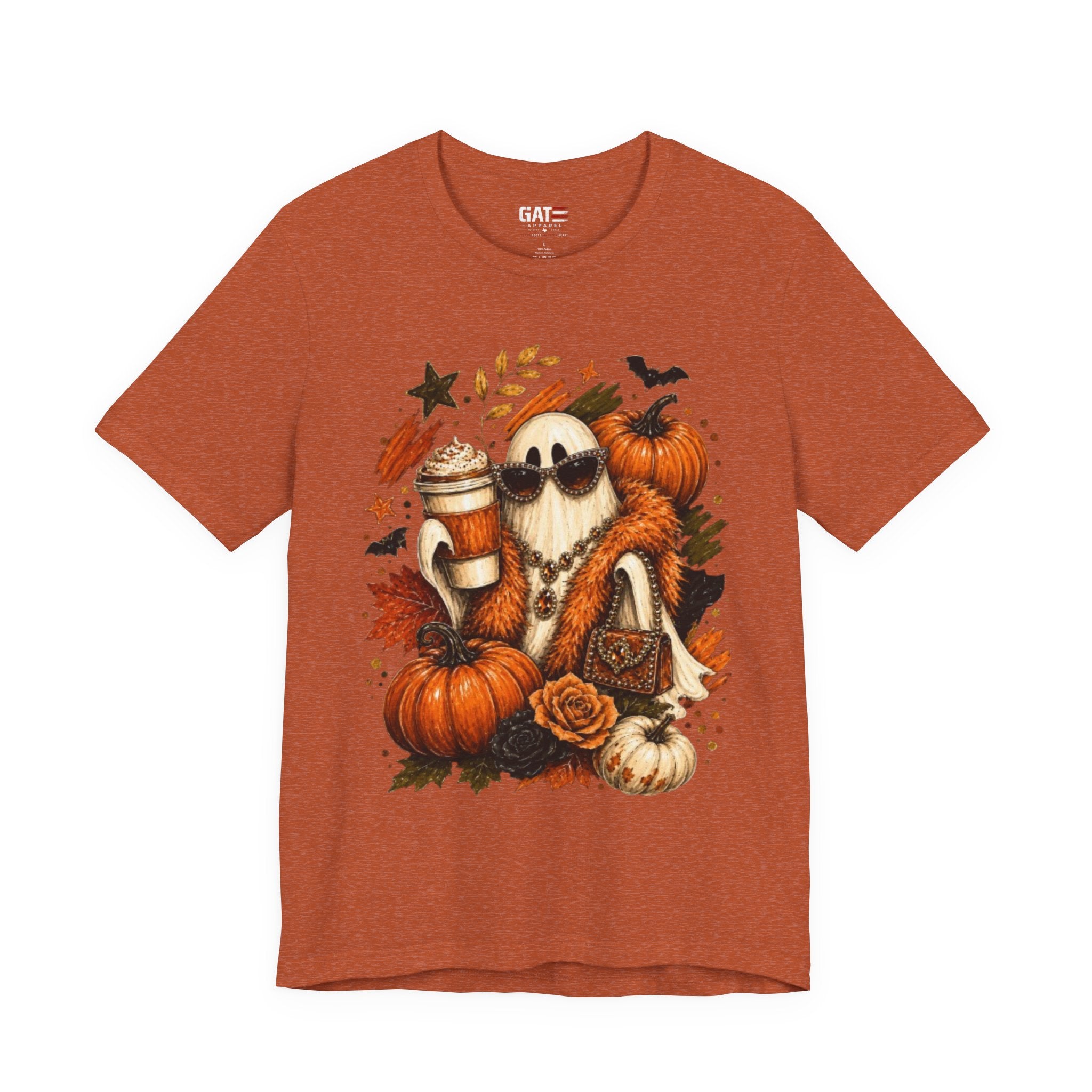 Halloween Pumpkin Ghost Tee — Cozy Fall Coffee & Pumpkins Graphic T-Shirt