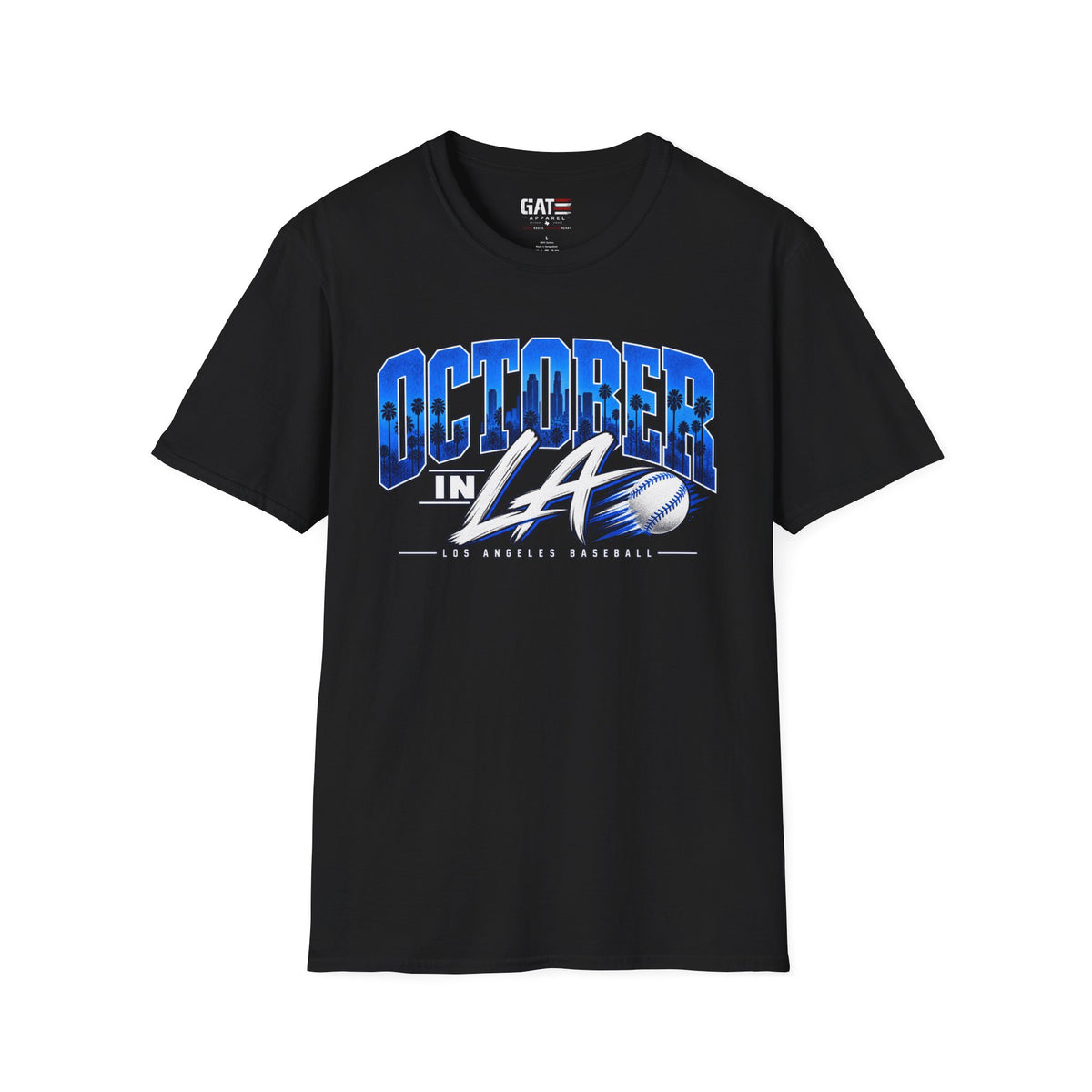 October in LA baseball graphic T-shirt, black front view