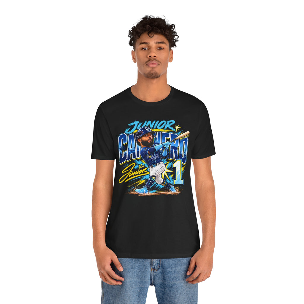 Model wearing black Junior Caminero Rays baseball graphic T-shirt