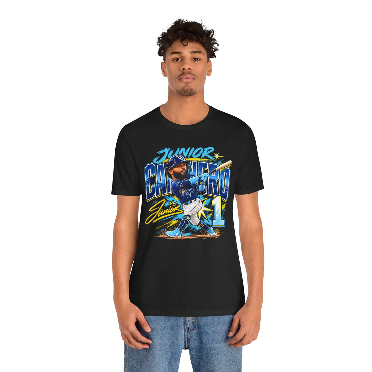 Model wearing black Junior Caminero Rays baseball graphic T-shirt