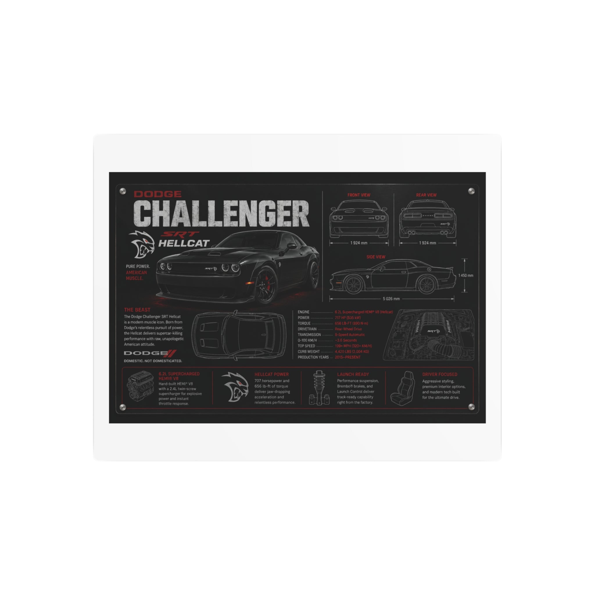 Dodge Challenger Hellcat Blueprint Metal Art Sign – Automotive Garage Poster