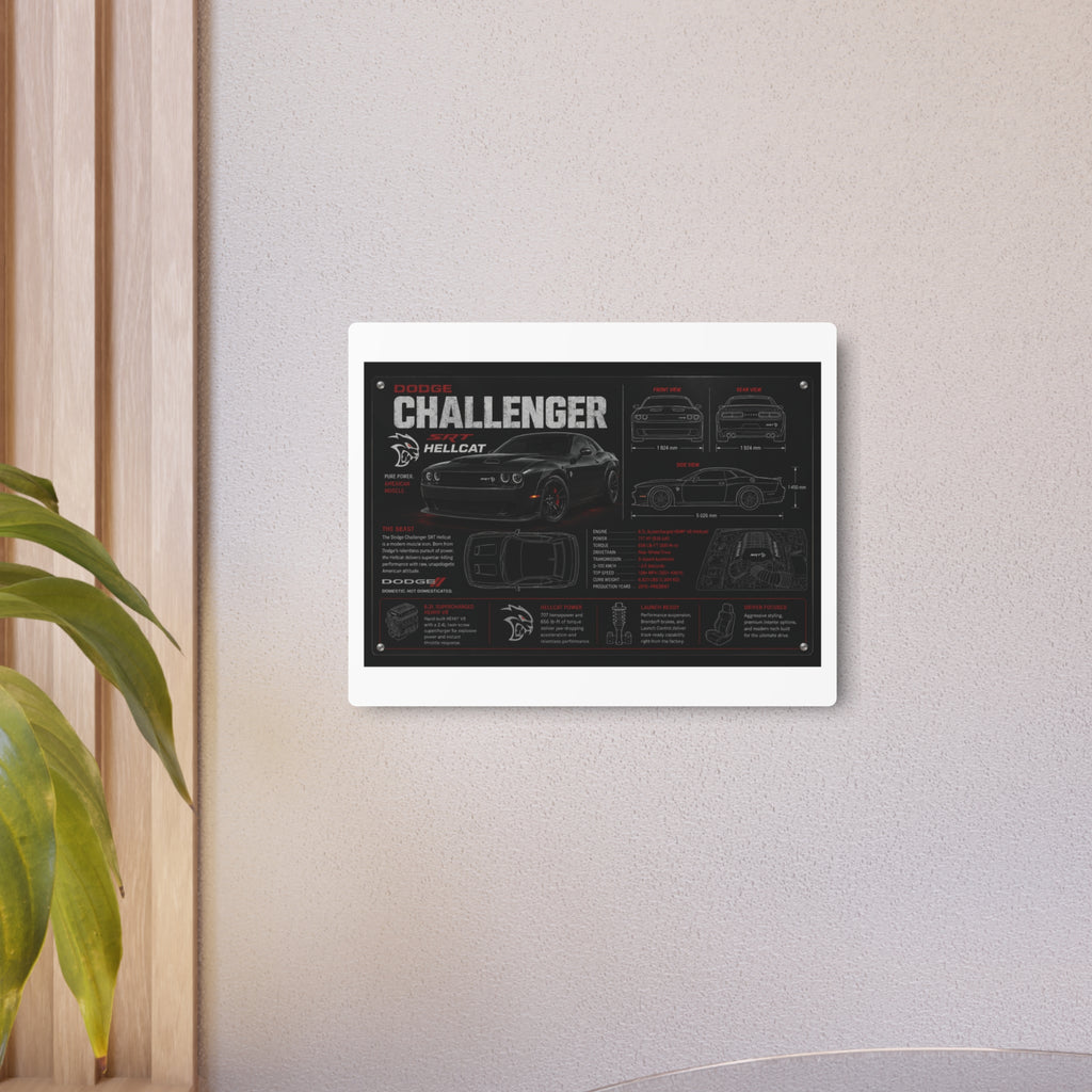 Dodge Challenger Hellcat Blueprint Metal Art Sign – Automotive Garage Poster
