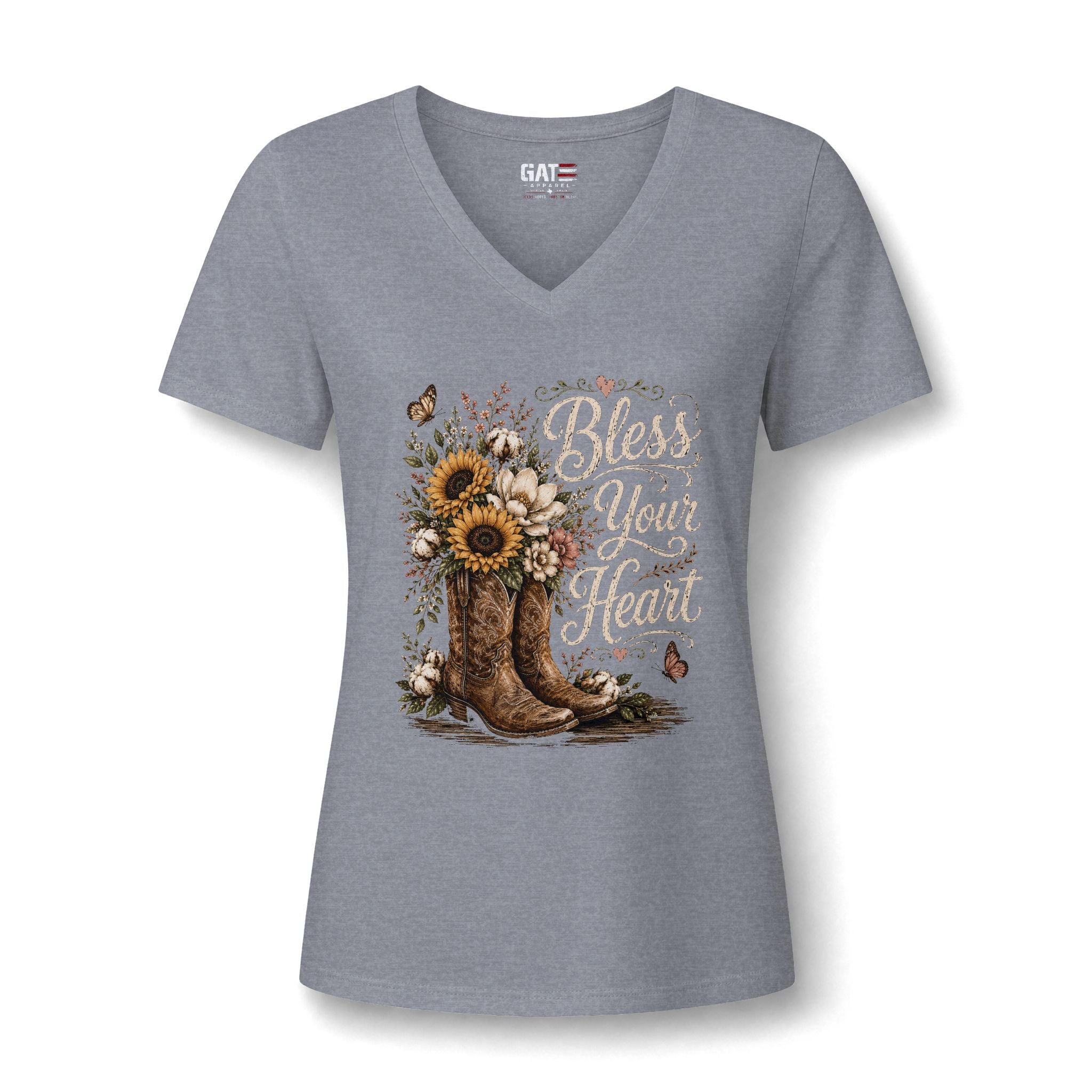 Bless Your Heart V-Neck Tee — Sunflower Cowboy Boot Graphic