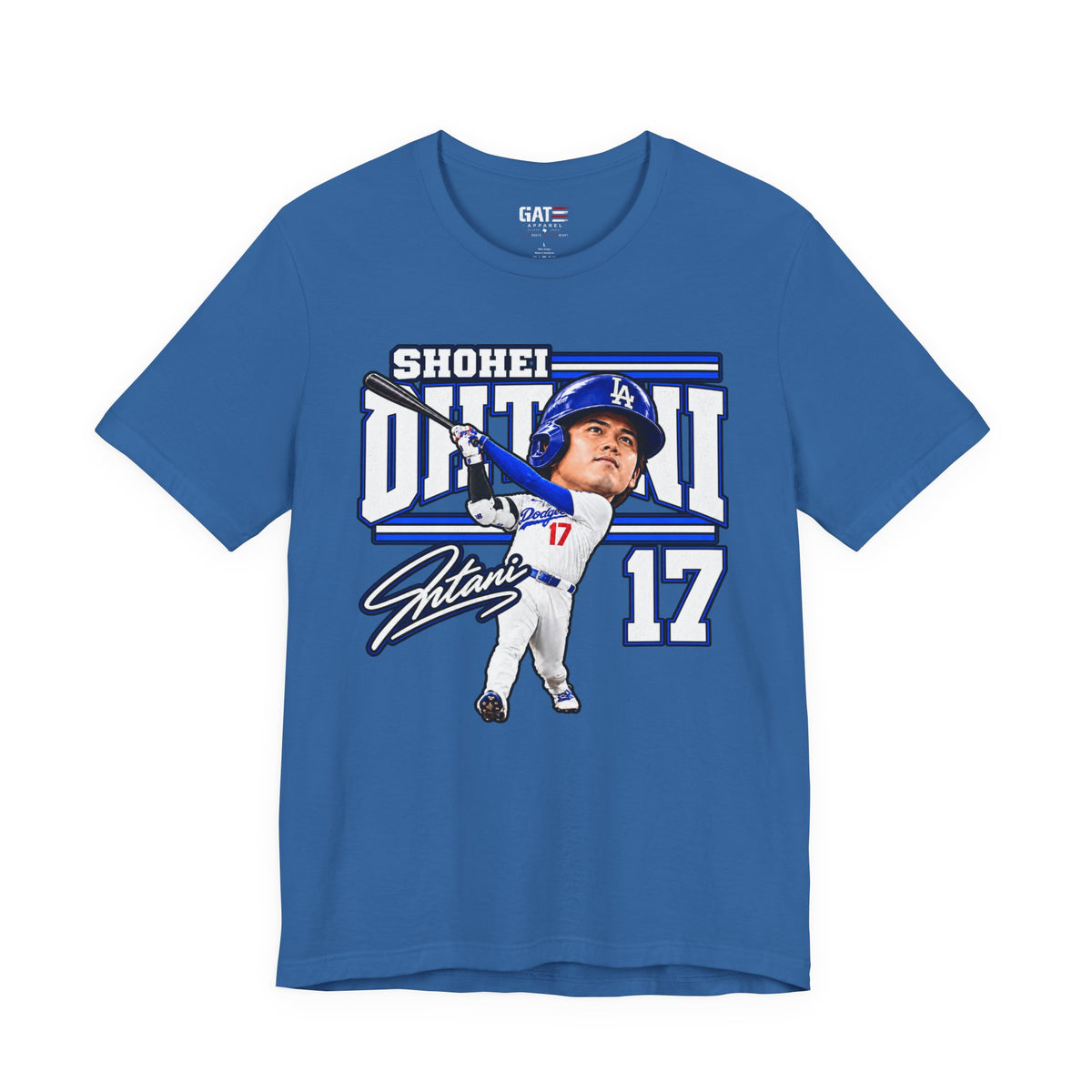 Shohei Ohtani number 17 Dodgers baseball graphic T-shirt, blue front view