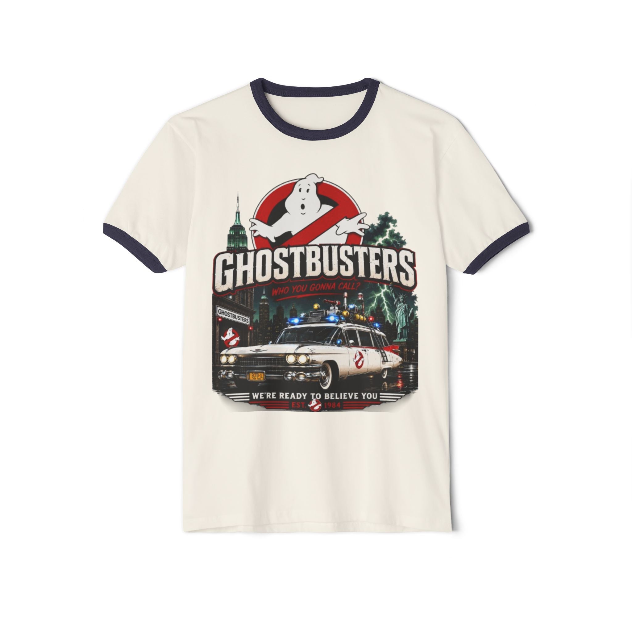 Ghostbusters Vintage Ringer T-Shirt — Ecto-1 Logo "We're Ready to Believe You"