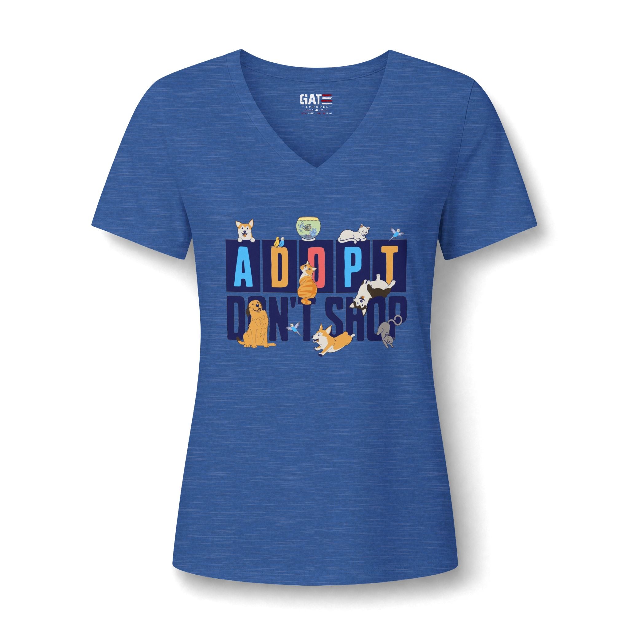 Adopt Don’t Shop V-Neck Tee — Women’s Rescue Pet Adoption Shirt