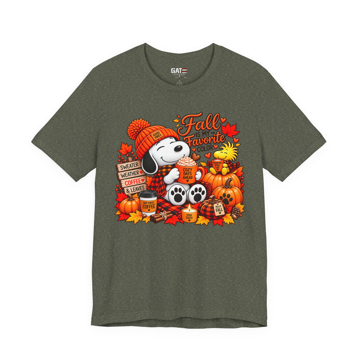 Snoopy Fall Is in the Air pumpkin graphic T-shirt, olive green front view