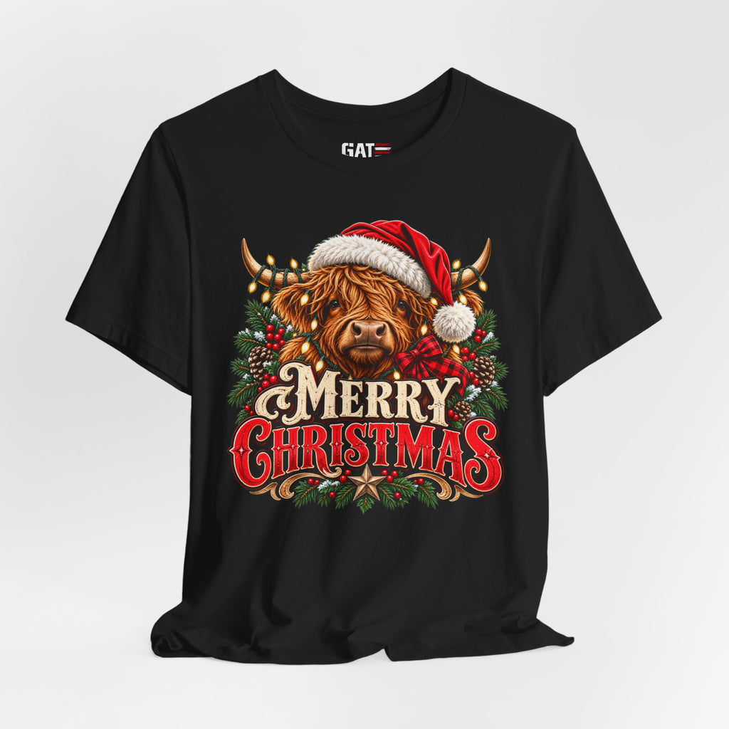 black Highland cow Santa hat Merry Christmas graphic T-shirt, styled front view