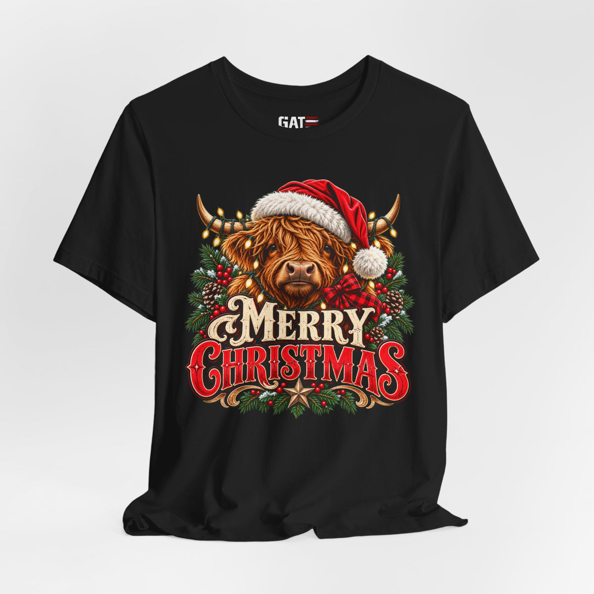 black Highland cow Santa hat Merry Christmas graphic T-shirt, styled front view