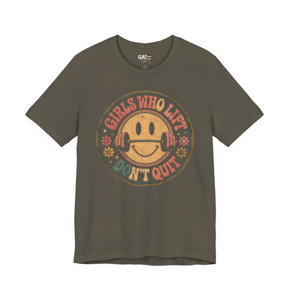 Girls Who Lift Don't Quit Shirt, Retro Smiley Face Gym Tee, Cute Fitness Shirt, Weightlifting Shirt, Workout Gift for Women
