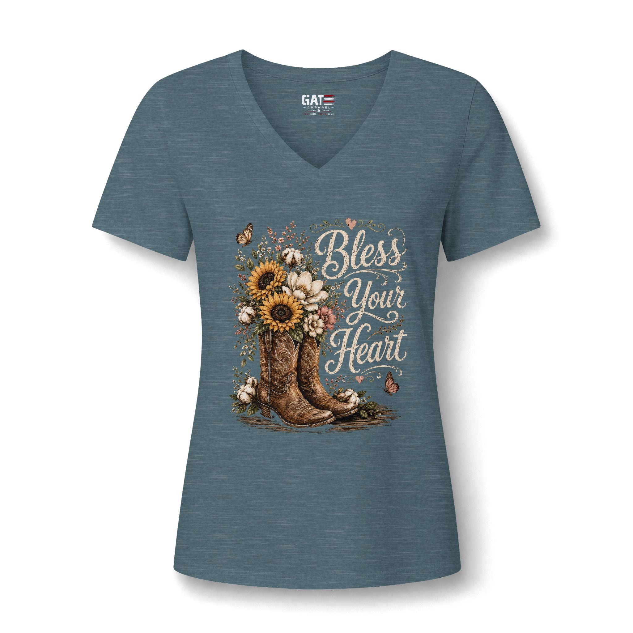 Bless Your Heart V-Neck Tee — Sunflower Cowboy Boot Graphic