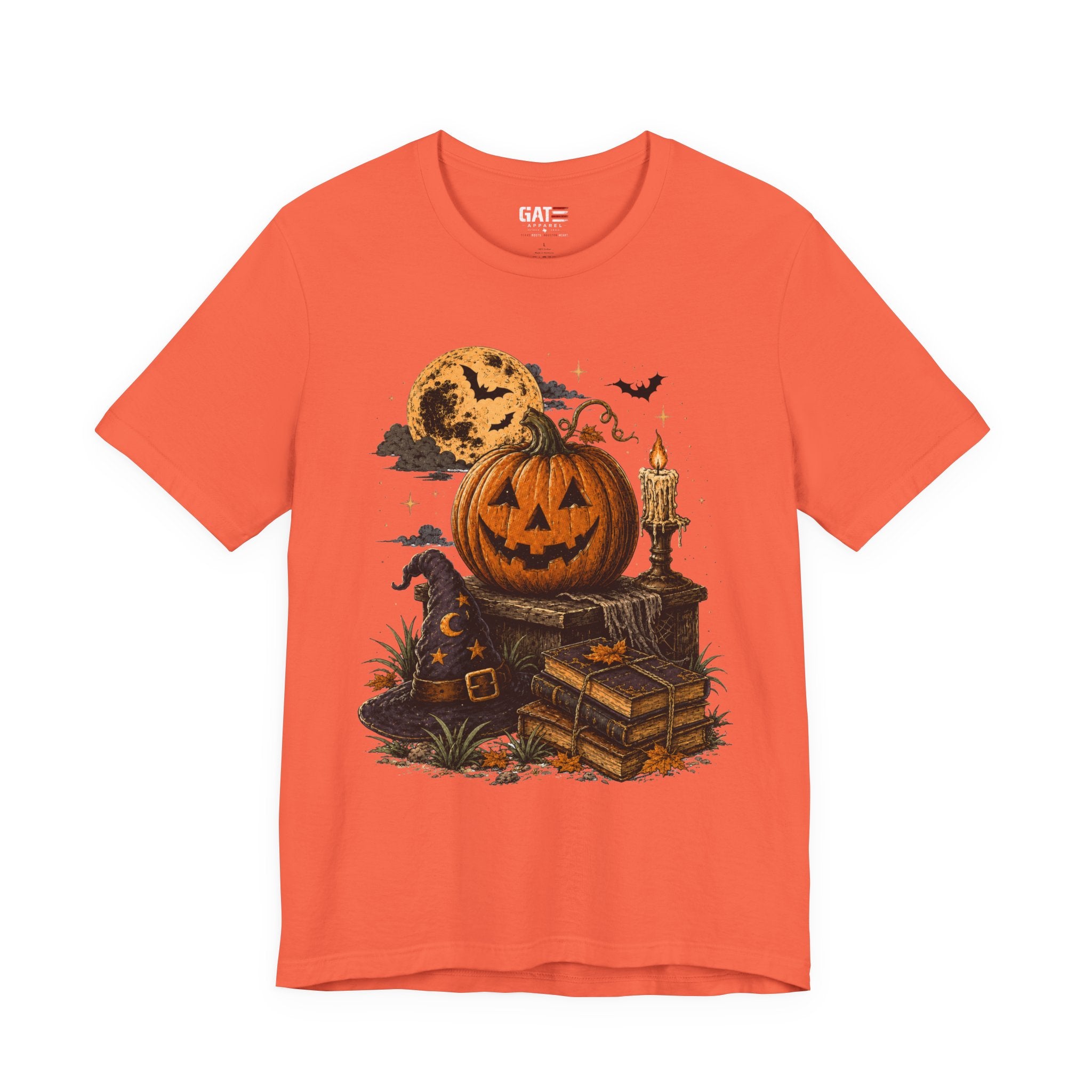 Halloween Pumpkin Stack T‑Shirt — Jack‑O‑Lantern, Books & Moon Graphic Tee