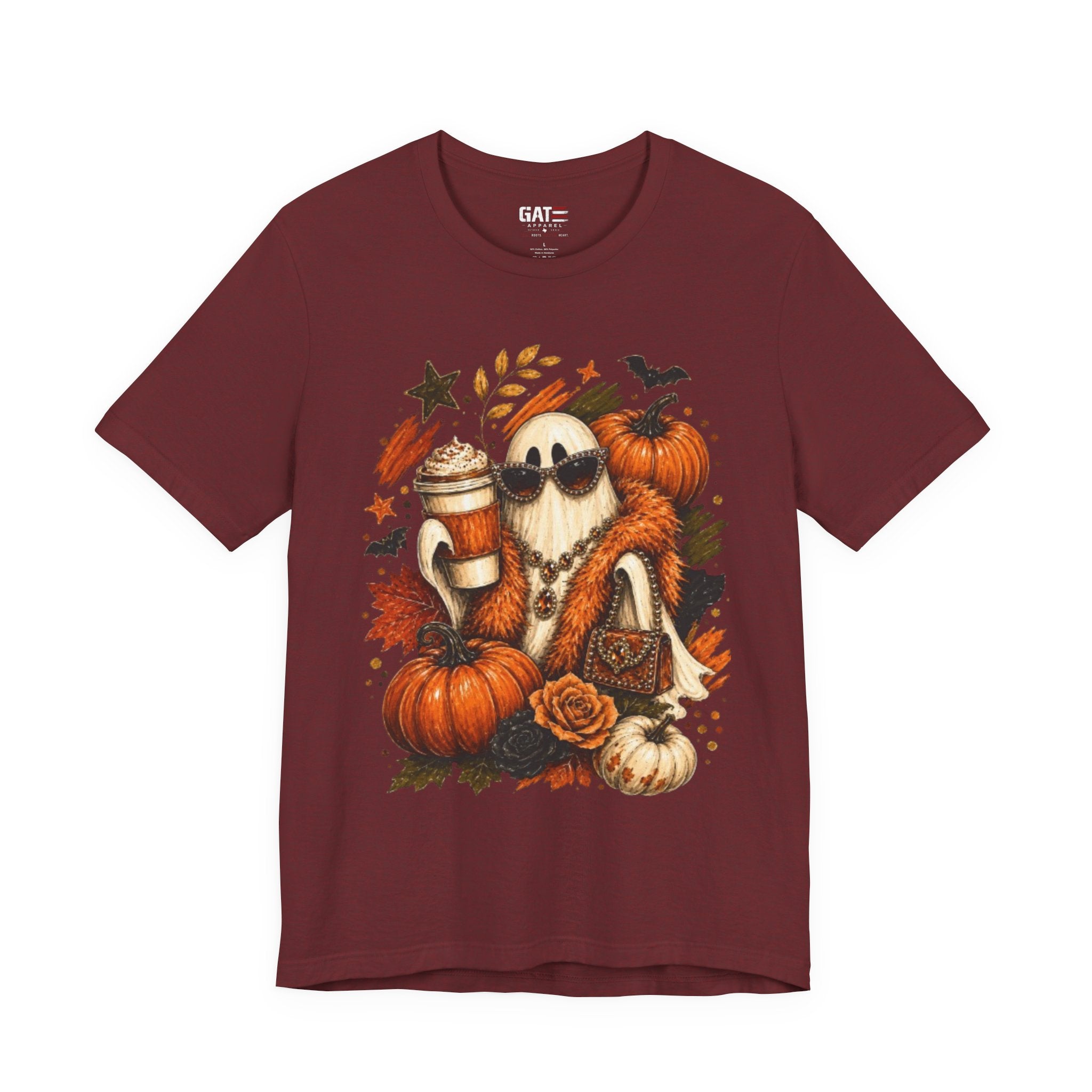 Halloween Pumpkin Ghost Tee — Cozy Fall Coffee & Pumpkins Graphic T-Shirt