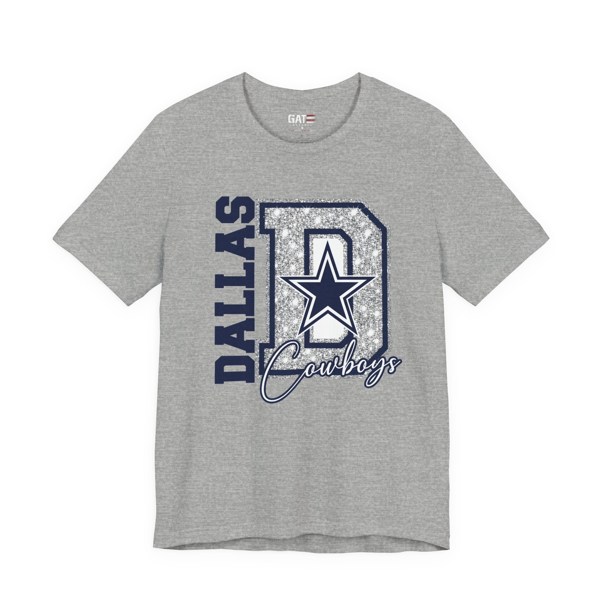 Dallas Football Glitter D Shirt, Blue and Silver Game Day Tee, Western Script Graphic Shirt, Sparkle Fan Apparel
