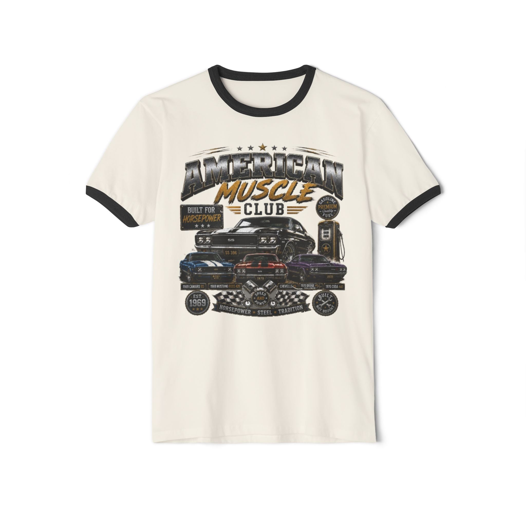 Muscle Car Ringer T-Shirt — "American Muscle Club" Vintage Auto Graphic