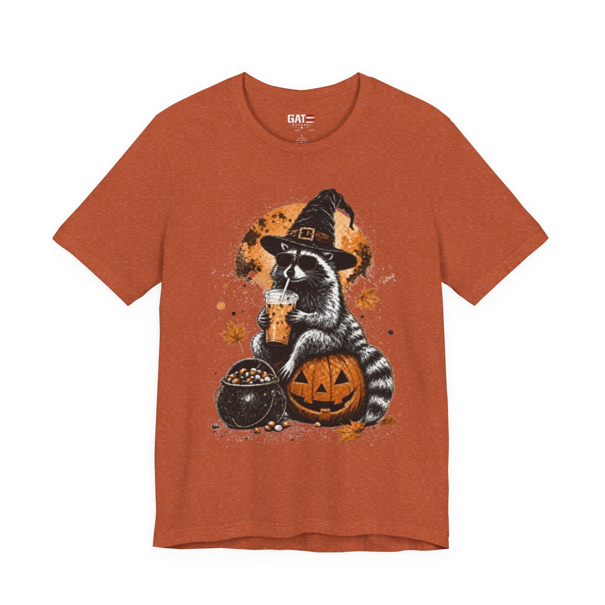 Halloween Raccoon Witch T-Shirt — Pumpkin & Cauldron Spooky Tee