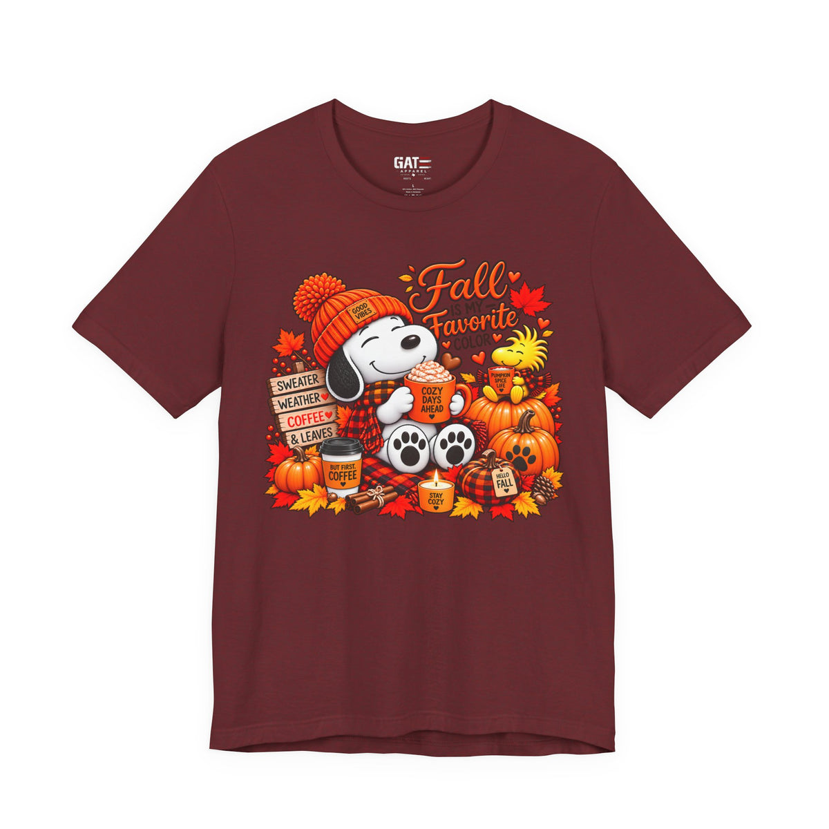 Snoopy Fall Is in the Air pumpkin graphic T-shirt, burgundy front view