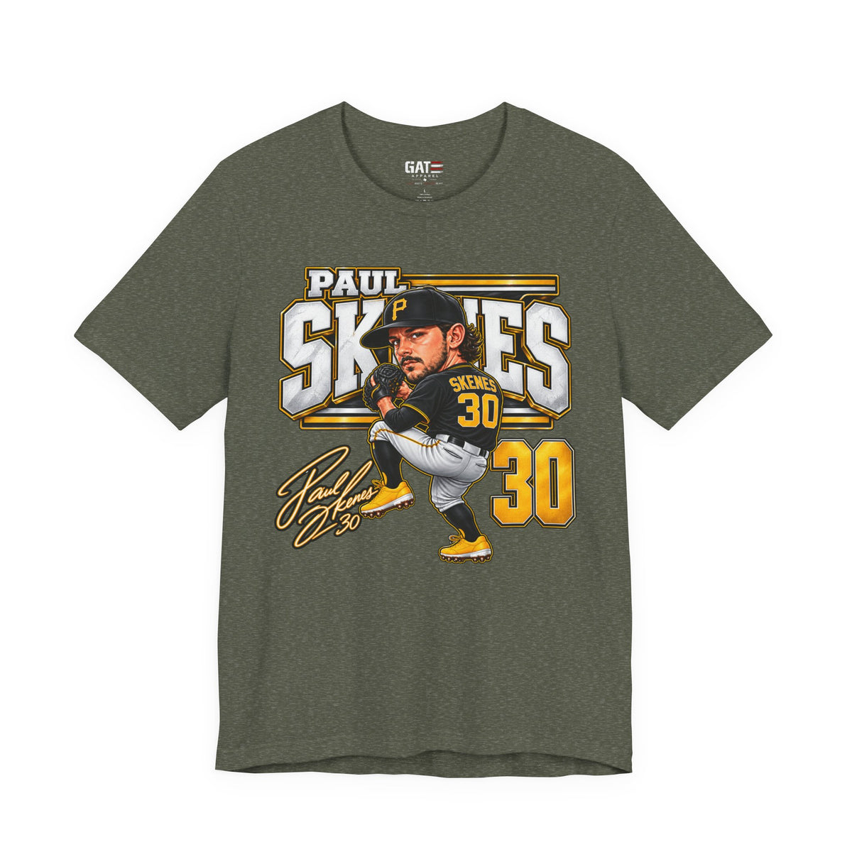 Paul Skenes number 30 Pirates baseball graphic T-shirt, dark olive front view