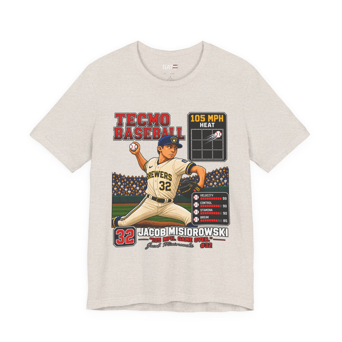 Milwaukee Brewers – Jacob Misiorowski – Tecmo Baseball Pitcher Graphic Tee — #32 Vintage Video Game Style